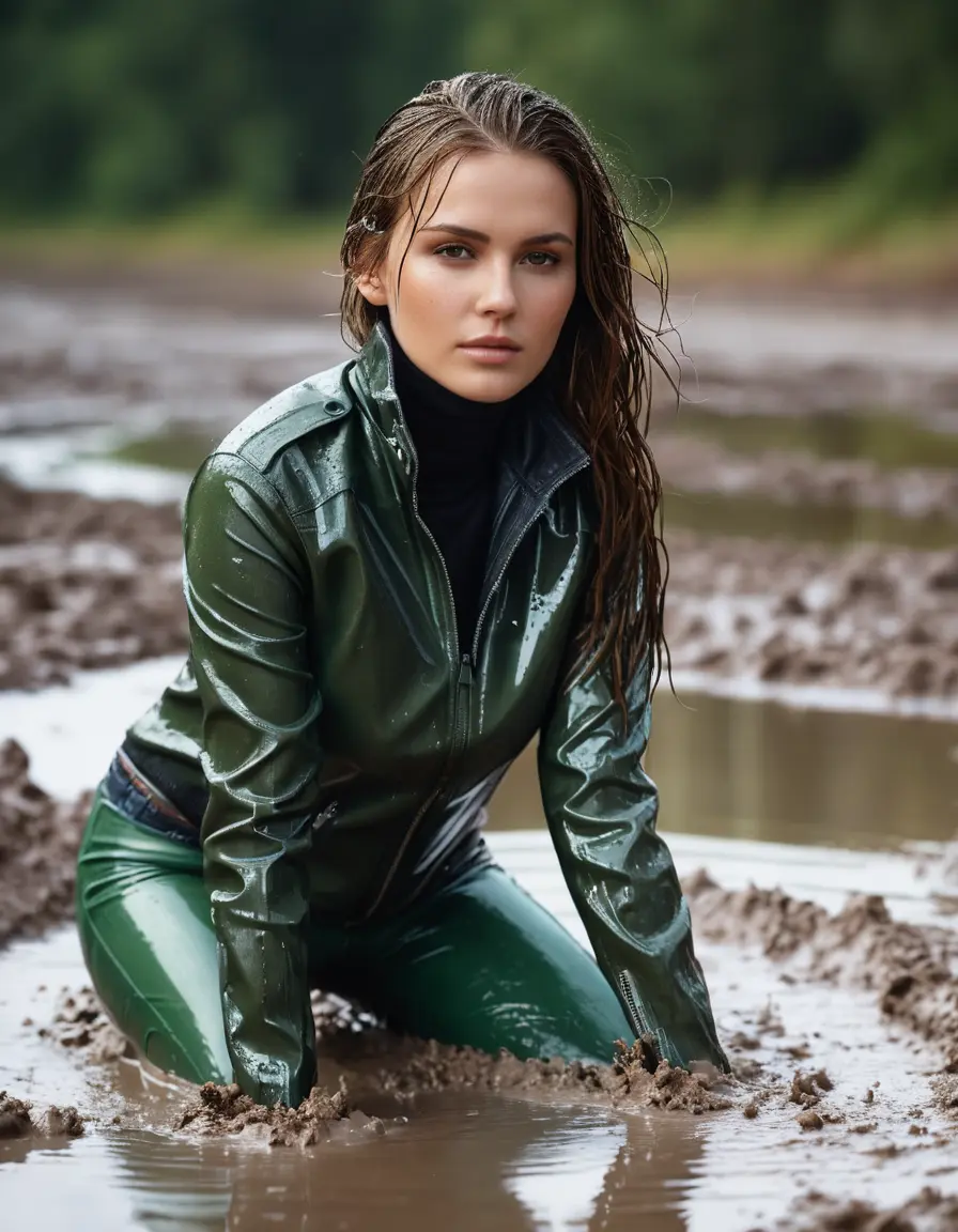 photo of young woman, in soaking wet, drenched clothes,
tight leather boots, skin green white leather jeans, slim fit green biker leather jacket, tight black latex turtleneck sweater,, lying in a mud puddle, covered in mud, 
enjoying, wet clothes stuck to body,
detailed textures of the wet clothes, wet face, wet plastered hair,
wet, drenched, professional, high-quality details, full body view.
sharp focus, ultra-high pixel detail, realistic, high-quality, full colors, incredibly detailed, 4k, 8k, 16k, hyper-realistic, RAW photo, masterpiece, ultra-detailed, professionally color graded, professional photograph, white woman, long dripping wet brown hair