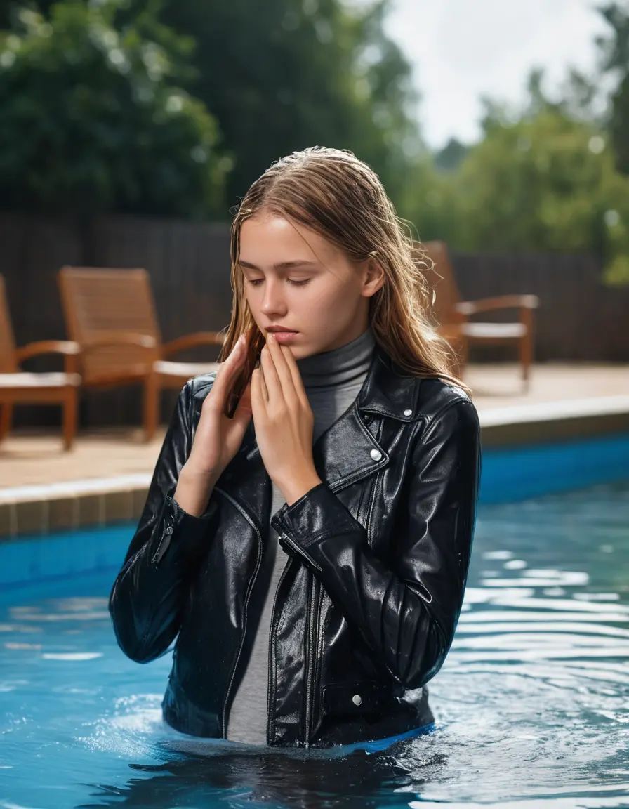 photo of young woman, in soaking wet, drenched clothes,
ankle boots, super skin tight denim jeans, slim fit black biker leatherjacket, tight grey knit turtleneck sweater, handbag , Eighteen years old horny blonde teenage girl with her friends holds her hand over her mouth and nose half submerged at the edge of the swimming pool, 
enjoying, wet clothes stuck to body,
detailed textures of the wet clothes, wet face, wet plastered hair,
wet, drenched, professional, high-quality details, full body view.
sharp focus, ultra-high pixel detail, realistic, high-quality, full colors, incredibly detailed, 4k, 8k, 16k, hyper-realistic, RAW photo, masterpiece, ultra-detailed, professionally color graded, professional photograph, Eighteen years old, completely soaked, completely dripping wet from head to toe, very wet clothes, sleek long straight hair, worried and embarrassed facial expression, slight yawn, moaning,  all girls wear different styles of clothes, she take a handbag with her into the water, a lot of people stands in the background, close-up, view from above, highly realistic representation, ultra sharp focus, highly photorealistic detailed facial features and expressions, highly photorealistic hands, highly best quality, highly sharp photorealistic image, highly photorealistic details, highest photorealistic wet clothes, full UHD resolution, highest photorealistic sharpness of the image, 32 K