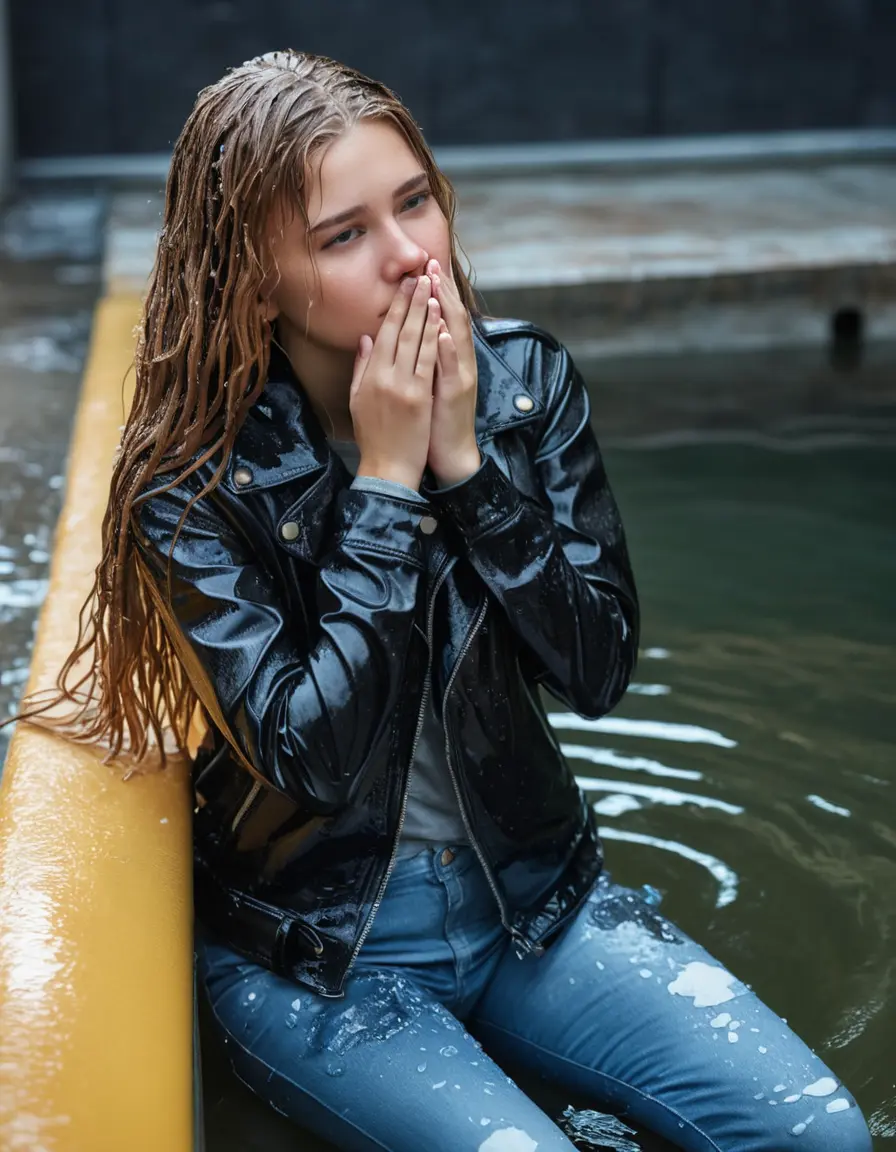 photo of young woman, in soaking wet, drenched clothes,
ankle boots, super skin tight denim jeans, slim fit black biker leatherjacket, tight grey knit turtleneck sweater, handbag , Eighteen years old horny blonde teenage girl with her friends holds her hand over her mouth and nose enter deep the water half submerged from the pool stairs at the edge of the swimming pool, 
enjoying, wet clothes stuck to body,
detailed textures of the wet clothes, wet face, wet plastered hair,
wet, drenched, professional, high-quality details, full body view.
sharp focus, ultra-high pixel detail, realistic, high-quality, full colors, incredibly detailed, 4k, 8k, 16k, hyper-realistic, RAW photo, masterpiece, ultra-detailed, professionally color graded, professional photograph, Eighteen years old, completely soaked, completely dripping wet from head to toe, very wet clothes, sleek long straight hair, frightened worried and embarrassed facial expression, slight yawn, moaning,  all girls wear different styles of clothes, she take a handbag with her into the water, a lot of people stands in the background, close-up, view from above, highly realistic representation, ultra sharp focus, highly photorealistic detailed facial features and expressions, highly photorealistic hands, highly best quality, highly sharp photorealistic image, highly photorealistic details, highest photorealistic wet clothes, full UHD resolution, highest photorealistic sharpness of the image, 32 K