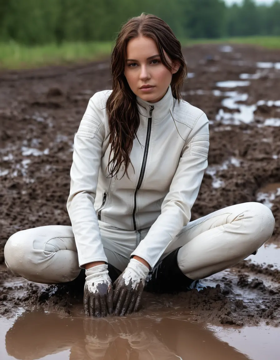 photo of young woman, in soaking wet, drenched clothes,
tight leather boots, skin tight white leather jeans, slim fit white biker leather jacket, tight black latex turtleneck sweater,, lying in a mud puddle with mud face, 
enjoying, wet clothes stuck to body,
detailed textures of the wet clothes, wet face, wet plastered hair,
wet, drenched, professional, high-quality details, full body view.
sharp focus, ultra-high pixel detail, realistic, high-quality, full colors, incredibly detailed, 4k, 8k, 16k, hyper-realistic, RAW photo, masterpiece, ultra-detailed, professionally color graded, professional photograph, white woman, long dripping wet brown hair