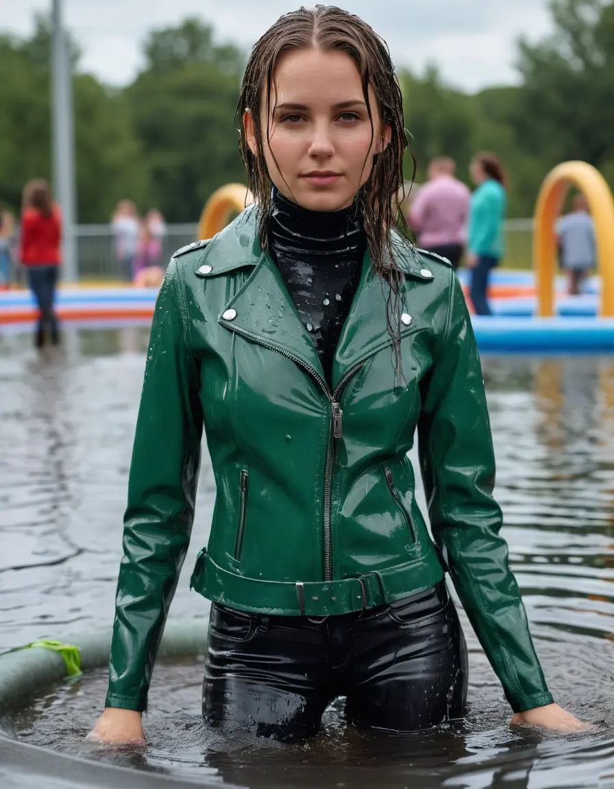 photo of young woman, in soaking wet, drenched clothes,
tight leather boots, skin green white leather jeans, slim fit green biker leather jacket, tight black latex turtleneck sweater,, being baptised in a waterpark, 
enjoying, wet clothes stuck to body,
detailed textures of the wet clothes, wet face, wet plastered hair,
wet, drenched, professional, high-quality details, full body view.
sharp focus, ultra-high pixel detail, realistic, high-quality, full colors, incredibly detailed, 4k, 8k, 16k, hyper-realistic, RAW photo, masterpiece, ultra-detailed, professionally color graded, professional photograph, white woman, long dripping wet brown hair