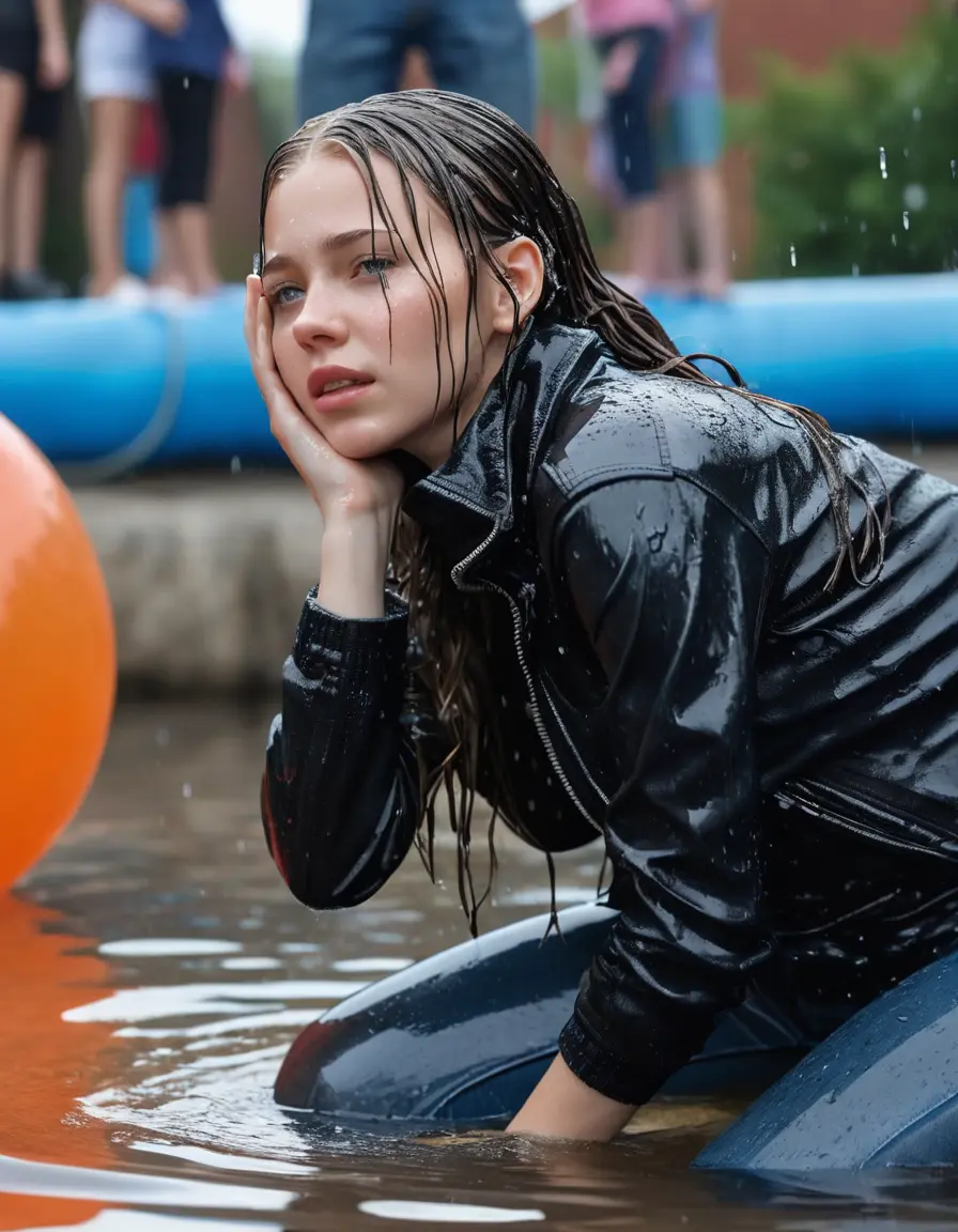 photo of young woman, in soaking wet, drenched clothes,
ankle boots , super skin tight denim jeans, slim fit black biker leatherjacket, tight grey knit turtleneck sweater, handbag , fifteen years old horny blonde teenage girl with her girlfriend holds her hand over her mouth and nose lies completely submerged in pool partly underwater up to the neck at party in a crowded waterpark, completely wet from the rain, open mouth, big eyes, 
enjoying, wet clothes stuck to body,
detailed textures of the wet clothes, wet face, wet plastered hair,
wet, drenched, professional, high-quality details, full body view.
sharp focus, ultra-high pixel detail, realistic, high-quality, full colors, incredibly detailed, 4k, 8k, 16k, hyper-realistic, RAW photo, masterpiece, ultra-detailed, professionally color graded, professional photograph, fifteen years old, completely soaked, completely dripping wet from head to toe, very wet clothes, sleek long straight hair, sleek pigtails, worried and embarrassed facial expression, slight yawn, moaning,  all girls wear different styles of clothes, take a handbag into the water, a lot of people stands in the background, close-up, view from above, highly realistic representation, ultra sharp focus, highly photorealistic detailed facial features and expressions, highly photorealistic hands, highly best quality, highly sharp photorealistic image, highly photorealistic details, highest photorealistic wet clothes, full UHD resolution, highest photorealistic sharpness of the image, 32 K