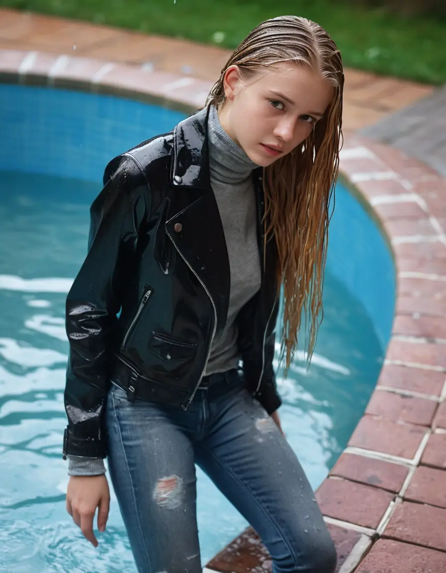 photo of young woman, in soaking wet, drenched clothes,
ankle boots, super skin tight denim jeans, slim fit black biker leatherjacket, tight grey knit turtleneck sweater, handbag , Eighteen years old horny blonde teenage girl with her friends holds her hand over her mouth and nose enter the water half submerged from the pool stairs at the edge of the swimming pool, 
enjoying, wet clothes stuck to body,
detailed textures of the wet clothes, wet face, wet plastered hair,
wet, drenched, professional, high-quality details, full body view.
sharp focus, ultra-high pixel detail, realistic, high-quality, full colors, incredibly detailed, 4k, 8k, 16k, hyper-realistic, RAW photo, masterpiece, ultra-detailed, professionally color graded, professional photograph, Eighteen years old, completely soaked, completely dripping wet from head to toe, very wet clothes, sleek long straight hair, worried and embarrassed facial expression, slight yawn, moaning,  all girls wear different styles of clothes, she take a handbag with her into the water, a lot of people stands in the background, close-up, view from above, highly realistic representation, ultra sharp focus, highly photorealistic detailed facial features and expressions, highly photorealistic hands, highly best quality, highly sharp photorealistic image, highly photorealistic details, highest photorealistic wet clothes, full UHD resolution, highest photorealistic sharpness of the image, 32 K