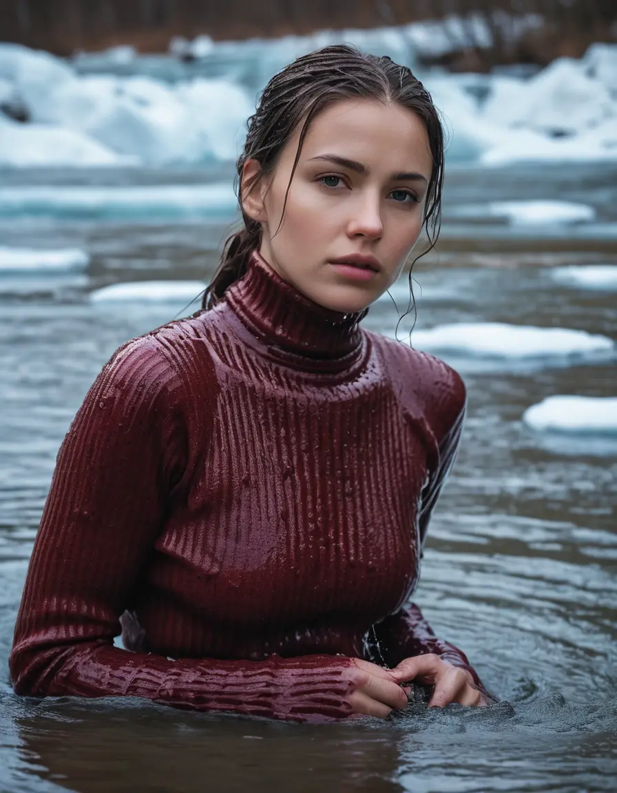 photo of young woman, in soaking wet, drenched clothes,
, , Form-fitted cozy ribbed burgundy turtleneck sweater , Icy river , 
enjoying, wet clothes stuck to body,
detailed textures of the wet clothes, wet face, wet plastered hair,
wet, drenched, professional, high-quality details, full body view.
sharp focus, ultra-high pixel detail, realistic, high-quality, full colors, incredibly detailed, 4k, 8k, 16k, hyper-realistic, RAW photo, masterpiece, ultra-detailed, professionally color graded, professional photograph, Eastern European woman, crossing a chest-deep partially frozen river, gasping from the shivers and pain of the cold water.