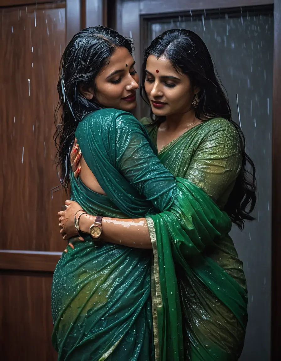 photo of young woman, in soaking wet, drenched clothes,
Stilletto heels, Saree,    Saree skin tight , Luxury pent house, hugging another women , 
enjoying, wet clothes stuck to body,
detailed textures of the wet clothes, wet face, wet plastered hair,
wet, drenched, professional, high-quality details, full body view.
sharp focus, ultra-high pixel detail, realistic, high-quality, full colors, incredibly detailed, 4k, 8k, 16k, hyper-realistic, RAW photo, masterpiece, ultra-detailed, professionally color graded, professional photograph, Straight open  wavy hairstyle , ,  wrist watch, 
