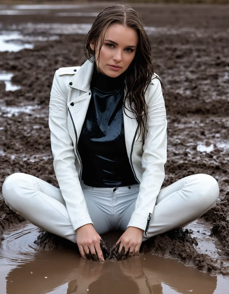 photo of young woman, in soaking wet, drenched clothes,
tight leather boots, skin tight white leather jeans, slim fit white biker leather jacket, tight black latex turtleneck sweater,, lying in a mud puddle with mud face, 
enjoying, wet clothes stuck to body,
detailed textures of the wet clothes, wet face, wet plastered hair,
wet, drenched, professional, high-quality details, full body view.
sharp focus, ultra-high pixel detail, realistic, high-quality, full colors, incredibly detailed, 4k, 8k, 16k, hyper-realistic, RAW photo, masterpiece, ultra-detailed, professionally color graded, professional photograph, white woman, long dripping wet brown hair