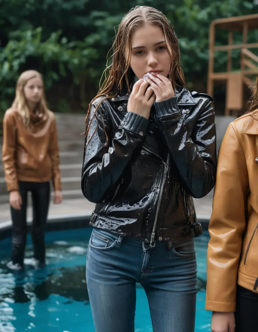 photo of young woman, in soaking wet, drenched clothes,
ankle boots, super skin tight denim jeans, slim fit black biker leatherjacket, tight grey knit turtleneck sweater, handbag , Eighteen years old horny blonde teenage girl with her friends holds her hand over her mouth and nose enter deep the water half submerged from the pool stairs at the edge of the swimming pool, 
enjoying, wet clothes stuck to body,
detailed textures of the wet clothes, wet face, wet plastered hair,
wet, drenched, professional, high-quality details, full body view.
sharp focus, ultra-high pixel detail, realistic, high-quality, full colors, incredibly detailed, 4k, 8k, 16k, hyper-realistic, RAW photo, masterpiece, ultra-detailed, professionally color graded, professional photograph, Eighteen years old, completely soaked, completely dripping wet from head to toe, very wet clothes, sleek long straight hair, worried and embarrassed facial expression, slight yawn, moaning,  all girls wear different styles of clothes, she take a handbag with her into the water, a lot of people stands in the background, close-up, view from above, highly realistic representation, ultra sharp focus, highly photorealistic detailed facial features and expressions, highly photorealistic hands, highly best quality, highly sharp photorealistic image, highly photorealistic details, highest photorealistic wet clothes, full UHD resolution, highest photorealistic sharpness of the image, 32 K