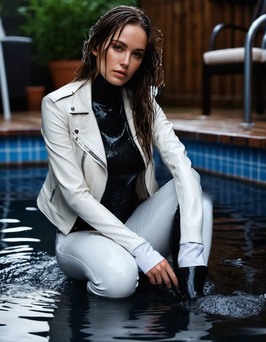 photo of young woman, in soaking wet, drenched clothes,
tight leather boots, skin tight white leather jeans, slim fit white biker leather jacket, tight black latex turtleneck sweater,, submerged backyard pool, heavy rain, night, 
enjoying, wet clothes stuck to body,
detailed textures of the wet clothes, wet face, wet plastered hair,
wet, drenched, professional, high-quality details, full body view.
sharp focus, ultra-high pixel detail, realistic, high-quality, full colors, incredibly detailed, 4k, 8k, 16k, hyper-realistic, RAW photo, masterpiece, ultra-detailed, professionally color graded, professional photograph, white woman, long dripping wet brown hair