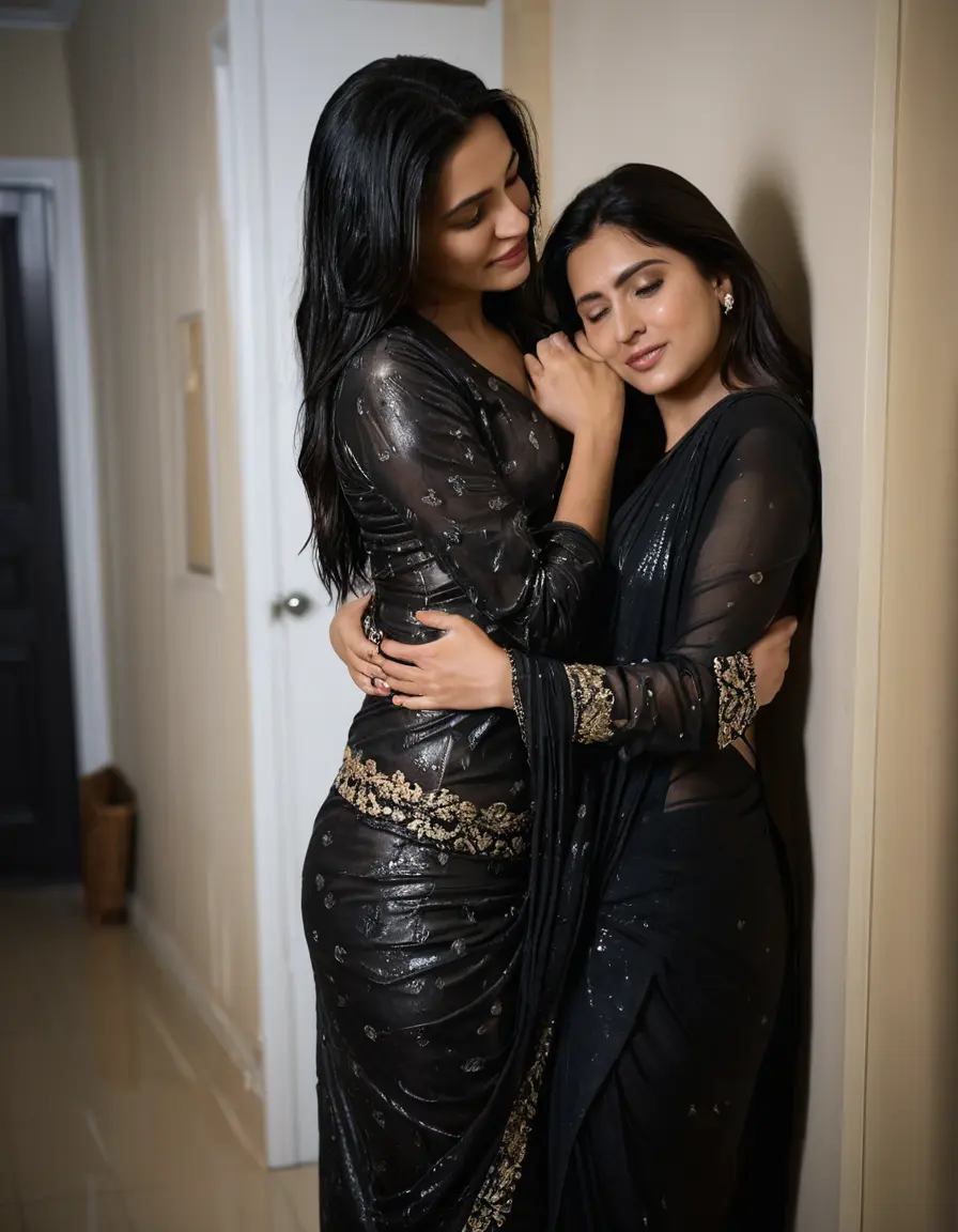 photo of young woman, in soaking wet, drenched clothes,
Stilletto heels, Silk pants, Embroidery,  long black Saree skin tight , Strip bathroom, hugging another women , 
enjoying, wet clothes stuck to body,
detailed textures of the wet clothes, wet face, wet plastered hair,
wet, drenched, professional, high-quality details, full body view.
sharp focus, ultra-high pixel detail, realistic, high-quality, full colors, incredibly detailed, 4k, 8k, 16k, hyper-realistic, RAW photo, masterpiece, ultra-detailed, professionally color graded, professional photograph, Straight open  wavy hairstyle , ,  wrist watch, 