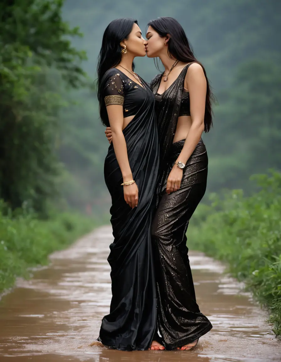 photo of young woman, in soaking wet, drenched clothes,
Stilletto heels, Silk pants, Embroidery,  long black Saree skin tight , Space , kissing another women , 
enjoying, wet clothes stuck to body,
detailed textures of the wet clothes, wet face, wet plastered hair,
wet, drenched, professional, high-quality details, full body view.
sharp focus, ultra-high pixel detail, realistic, high-quality, full colors, incredibly detailed, 4k, 8k, 16k, hyper-realistic, RAW photo, masterpiece, ultra-detailed, professionally color graded, professional photograph, Straight open  wavy hairstyle , , pear shaped body,  wrist watch, thin necklace t ,  , no make up, 