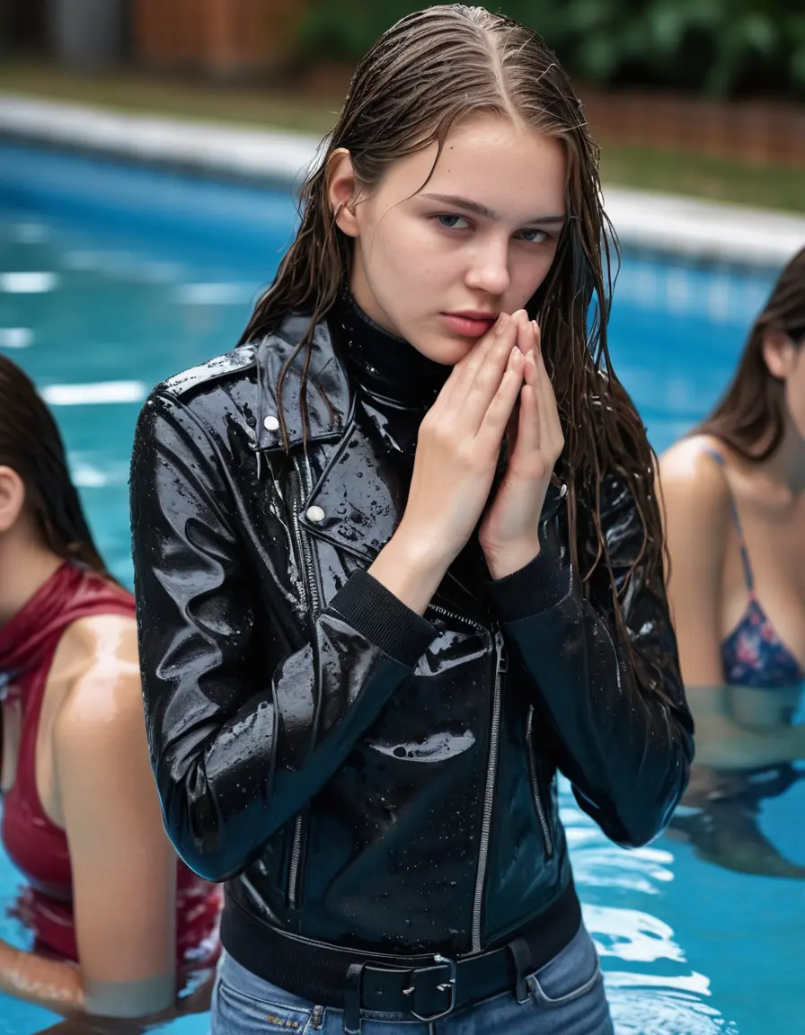 photo of young woman, in soaking wet, drenched clothes,
ankle boots, super skin tight denim jeans, slim fit black biker leatherjacket, tight grey knit turtleneck sweater, handbag , Eighteen years old horny blonde teenage girl with her friends holds her hand over her mouth and nose half submerged at the edge in a swimming pool, 
enjoying, wet clothes stuck to body,
detailed textures of the wet clothes, wet face, wet plastered hair,
wet, drenched, professional, high-quality details, full body view.
sharp focus, ultra-high pixel detail, realistic, high-quality, full colors, incredibly detailed, 4k, 8k, 16k, hyper-realistic, RAW photo, masterpiece, ultra-detailed, professionally color graded, professional photograph, Eighteen years old, completely soaked, completely dripping wet from head to toe, very wet clothes, sleek long straight hair, worried and embarrassed facial expression, slight yawn, moaning,  all girls wear different styles of clothes, she take a handbag with her into the water, a lot of people stands in the background, close-up, view from above, highly realistic representation, ultra sharp focus, highly photorealistic detailed facial features and expressions, highly photorealistic hands, highly best quality, highly sharp photorealistic image, highly photorealistic details, highest photorealistic wet clothes, full UHD resolution, highest photorealistic sharpness of the image, 32 K
