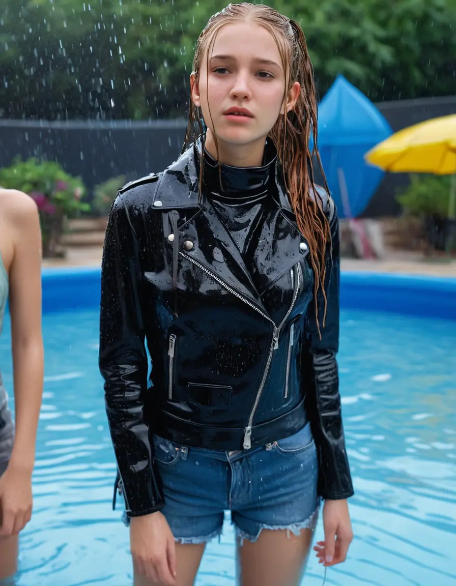 photo of young woman, in soaking wet, drenched clothes,
ankle boots , super skin tight denim jeans, slim fit black biker leatherjacket, tight grey knit turtleneck sweater, handbag , fifteen years old horny blonde teenage girl with her girlfriend holds her hand over her mouth and nose lies completely submerged in pool partly underwater up to the neck at party in a crowded waterpark, completely wet from the rain, open mouth, big eyes, 
enjoying, wet clothes stuck to body,
detailed textures of the wet clothes, wet face, wet plastered hair,
wet, drenched, professional, high-quality details, full body view.
sharp focus, ultra-high pixel detail, realistic, high-quality, full colors, incredibly detailed, 4k, 8k, 16k, hyper-realistic, RAW photo, masterpiece, ultra-detailed, professionally color graded, professional photograph, fifteen years old, completely soaked, completely dripping wet, very wet clothes, sleek long straight hair, sleek pigtails, worried and embarrassed facial expression, slight yawn, moaning,  all girls wear different styles of clothes, take a handbag into the water, a lot of people stands in the background, close-up, view from above, highly realistic representation, ultra sharp focus, highly photorealistic detailed facial features and expressions, highly photorealistic hands, highly best quality, highly sharp photorealistic image, highly photorealistic details, highest photorealistic wet clothes, full UHD resolution, highest photorealistic sharpness of the image, 32 K