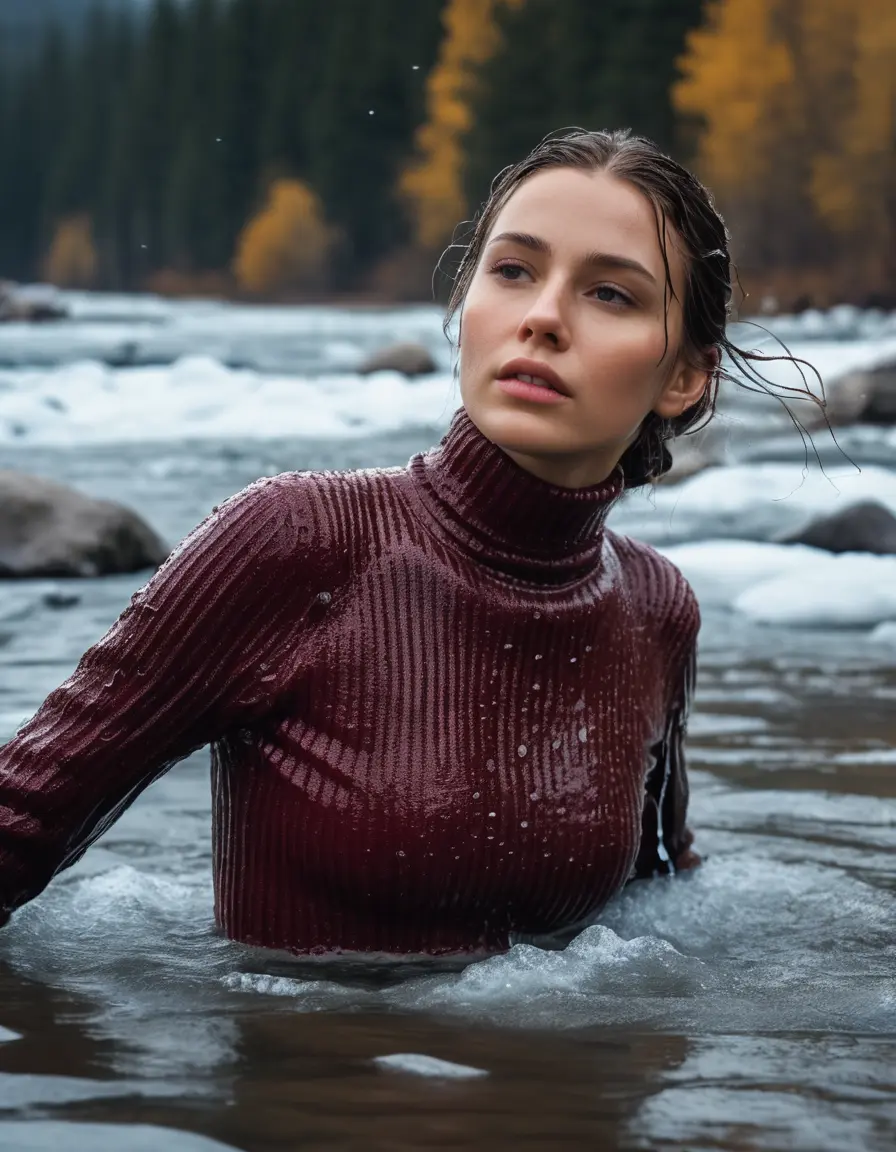 photo of young woman, in soaking wet, drenched clothes,
, , Form-fitted cozy ribbed burgundy turtleneck sweater , Icy river , 
enjoying, wet clothes stuck to body,
detailed textures of the wet clothes, wet face, wet plastered hair,
wet, drenched, professional, high-quality details, full body view.
sharp focus, ultra-high pixel detail, realistic, high-quality, full colors, incredibly detailed, 4k, 8k, 16k, hyper-realistic, RAW photo, masterpiece, ultra-detailed, professionally color graded, professional photograph, Eastern European woman, crossing a chest-deep partially frozen river, gasping from the shivers and pain of the cold water but still moving forward.
