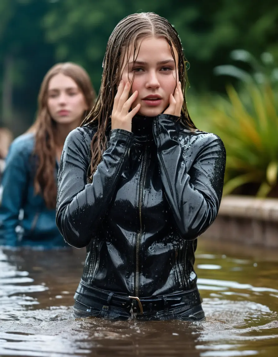 photo of young woman, in soaking wet, drenched clothes,
ankle boots, super skin tight denim jeans, slim fit black biker leatherjacket, tight grey knit turtleneck sweater, handbag , Eighteen years old horny blonde teenage girl with her friends holds her hand over her mouth and nose falls into the water half submerged from the edge of the swimming pool, 
enjoying, wet clothes stuck to body,
detailed textures of the wet clothes, wet face, wet plastered hair,
wet, drenched, professional, high-quality details, full body view.
sharp focus, ultra-high pixel detail, realistic, high-quality, full colors, incredibly detailed, 4k, 8k, 16k, hyper-realistic, RAW photo, masterpiece, ultra-detailed, professionally color graded, professional photograph, Eighteen years old, completely soaked, completely dripping wet from head to toe, very wet clothes, sleek long straight hair, worried and embarrassed facial expression, slight yawn, moaning,  all girls wear different styles of clothes, she take a handbag with her into the water, a lot of people stands in the background, close-up, view from above, highly realistic representation, ultra sharp focus, highly photorealistic detailed facial features and expressions, highly photorealistic hands, highly best quality, highly sharp photorealistic image, highly photorealistic details, highest photorealistic wet clothes, full UHD resolution, highest photorealistic sharpness of the image, 32 K