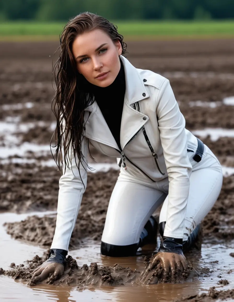 photo of young woman, in soaking wet, drenched clothes,
tight leather boots, skin tight white leather jeans, slim fit white biker leather jacket, tight black latex turtleneck sweater,, Standing in a mud puddle with mud face, 
enjoying, wet clothes stuck to body,
detailed textures of the wet clothes, wet face, wet plastered hair,
wet, drenched, professional, high-quality details, full body view.
sharp focus, ultra-high pixel detail, realistic, high-quality, full colors, incredibly detailed, 4k, 8k, 16k, hyper-realistic, RAW photo, masterpiece, ultra-detailed, professionally color graded, professional photograph, white woman, long dripping wet brown hair