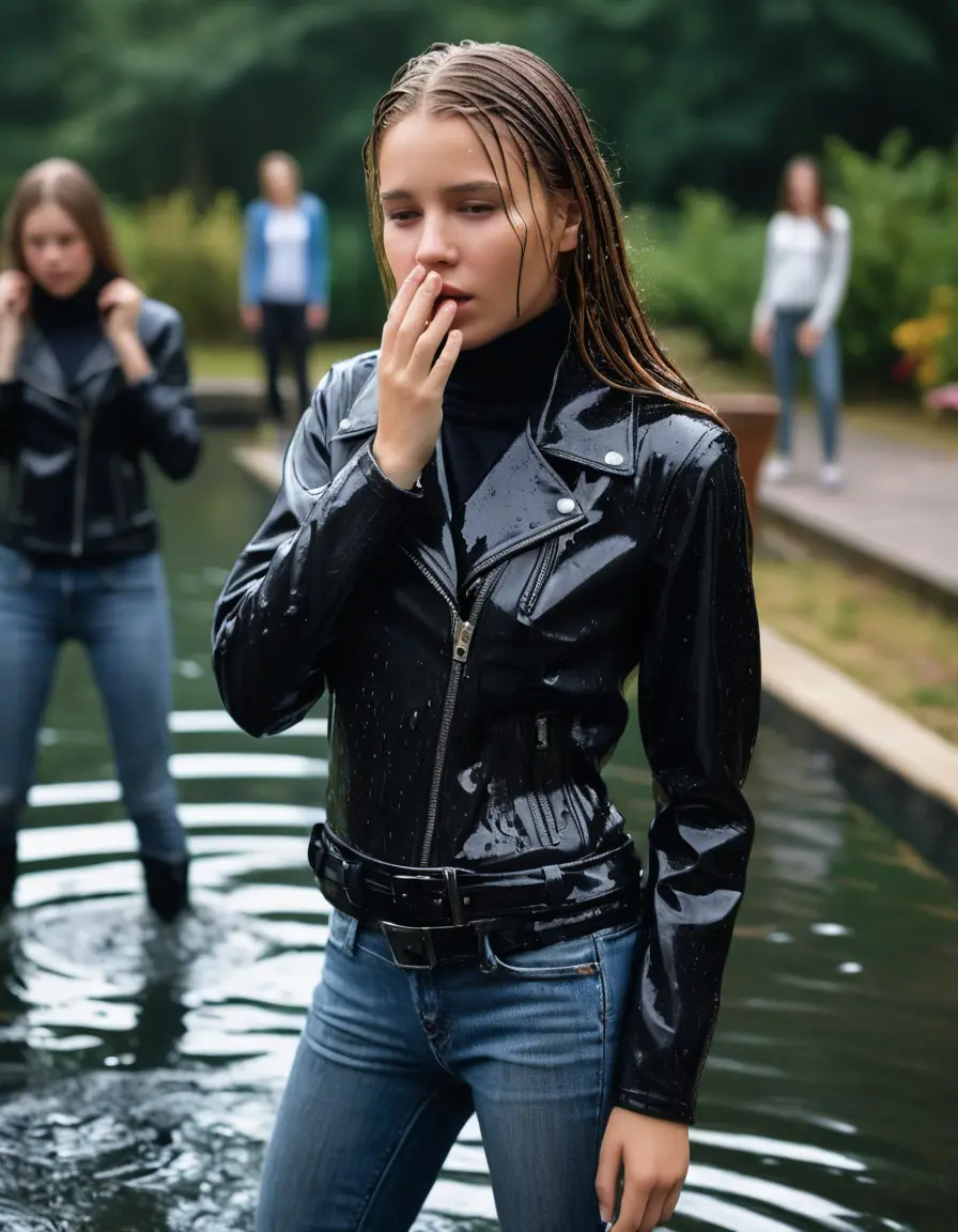 photo of young woman, in soaking wet, drenched clothes,
ankle boots, super skin tight denim jeans, slim fit black biker leatherjacket, tight grey knit turtleneck sweater, handbag , Eighteen years old horny blonde teenage girl with her friends holds her hand over her mouth and nose jumps into the water half submerged at the edge of the swimming pool, 
enjoying, wet clothes stuck to body,
detailed textures of the wet clothes, wet face, wet plastered hair,
wet, drenched, professional, high-quality details, full body view.
sharp focus, ultra-high pixel detail, realistic, high-quality, full colors, incredibly detailed, 4k, 8k, 16k, hyper-realistic, RAW photo, masterpiece, ultra-detailed, professionally color graded, professional photograph, Eighteen years old, completely soaked, completely dripping wet from head to toe, very wet clothes, sleek long straight hair, worried and embarrassed facial expression, slight yawn, moaning,  all girls wear different styles of clothes, she take a handbag with her into the water, a lot of people stands in the background, close-up, view from above, highly realistic representation, ultra sharp focus, highly photorealistic detailed facial features and expressions, highly photorealistic hands, highly best quality, highly sharp photorealistic image, highly photorealistic details, highest photorealistic wet clothes, full UHD resolution, highest photorealistic sharpness of the image, 32 K