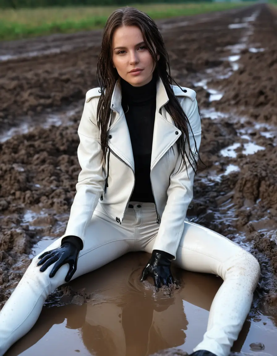 photo of young woman, in soaking wet, drenched clothes,
tight leather boots, skin tight white leather jeans, slim fit white biker leather jacket, tight black latex turtleneck sweater,, lying in a mud puddle, covered in mud, 
enjoying, wet clothes stuck to body,
detailed textures of the wet clothes, wet face, wet plastered hair,
wet, drenched, professional, high-quality details, full body view.
sharp focus, ultra-high pixel detail, realistic, high-quality, full colors, incredibly detailed, 4k, 8k, 16k, hyper-realistic, RAW photo, masterpiece, ultra-detailed, professionally color graded, professional photograph, white woman, long dripping wet brown hair