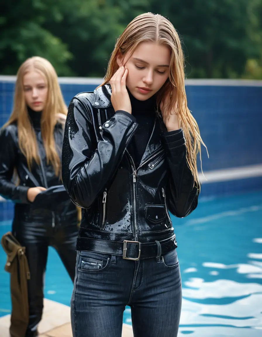 photo of young woman, in soaking wet, drenched clothes,
ankle boots, super skin tight denim jeans, slim fit black biker leatherjacket, tight grey knit turtleneck sweater, handbag , Eighteen years old horny blonde teenage girl with her friends holds her hand over her mouth and nose enter the water half submerged from the pool stairs at the edge of the swimming pool, 
enjoying, wet clothes stuck to body,
detailed textures of the wet clothes, wet face, wet plastered hair,
wet, drenched, professional, high-quality details, full body view.
sharp focus, ultra-high pixel detail, realistic, high-quality, full colors, incredibly detailed, 4k, 8k, 16k, hyper-realistic, RAW photo, masterpiece, ultra-detailed, professionally color graded, professional photograph, Eighteen years old, completely soaked, completely dripping wet from head to toe, very wet clothes, sleek long straight hair, worried and embarrassed facial expression, slight yawn, moaning,  all girls wear different styles of clothes, she take a handbag with her into the water, a lot of people stands in the background, close-up, view from above, highly realistic representation, ultra sharp focus, highly photorealistic detailed facial features and expressions, highly photorealistic hands, highly best quality, highly sharp photorealistic image, highly photorealistic details, highest photorealistic wet clothes, full UHD resolution, highest photorealistic sharpness of the image, 32 K