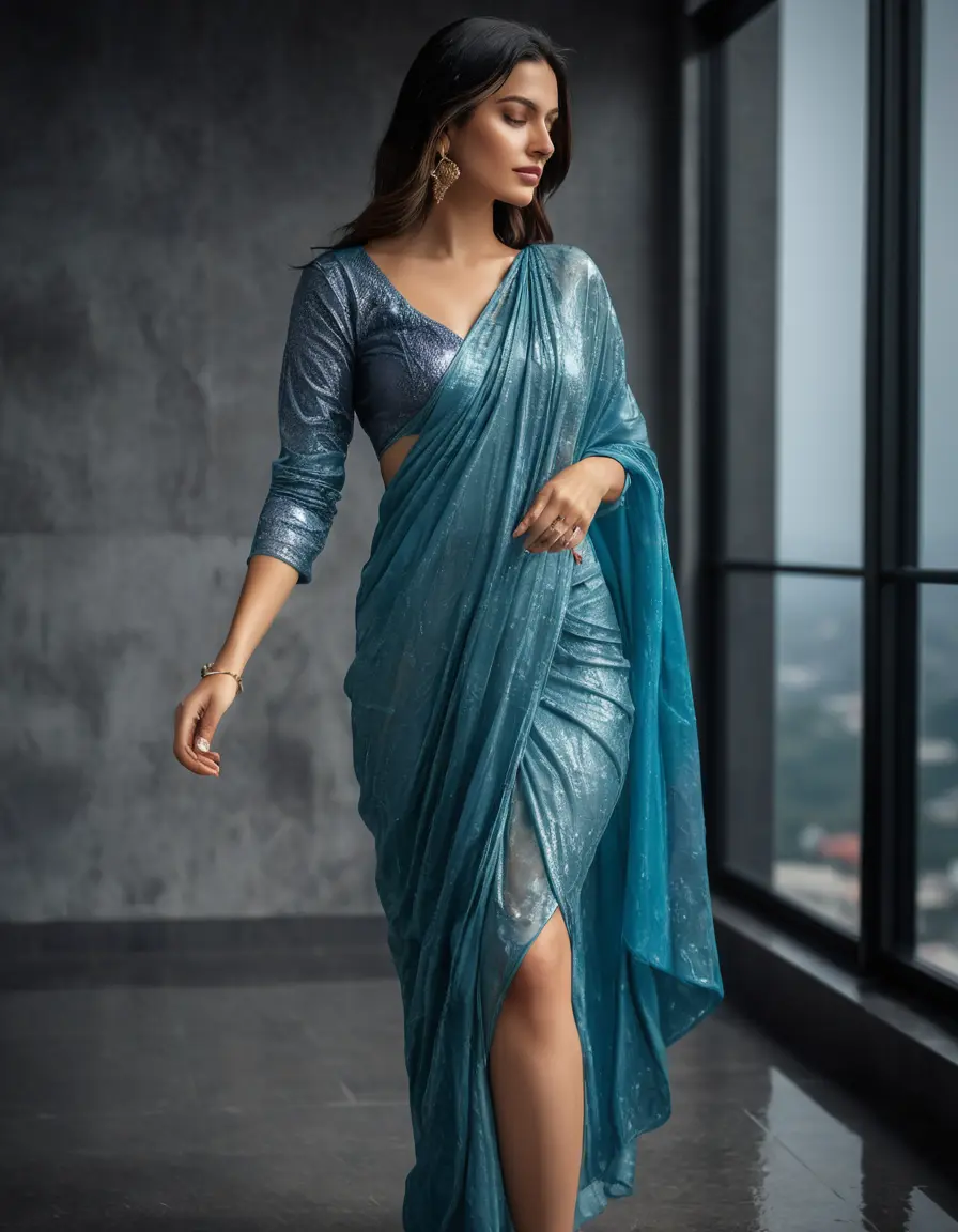 photo of young woman, in soaking wet, drenched clothes,
Stilletto heels, Saree,    Saree skin tight , full sleeve, Luxury pent house, women , 
enjoying, wet clothes stuck to body,
detailed textures of the wet clothes, wet face, wet plastered hair,
wet, drenched, professional, high-quality details, full body view.
sharp focus, ultra-high pixel detail, realistic, high-quality, full colors, incredibly detailed, 4k, 8k, 16k, hyper-realistic, RAW photo, masterpiece, ultra-detailed, professionally color graded, professional photograph, Straight open  wavy hairstyle , ,  wrist watch, 