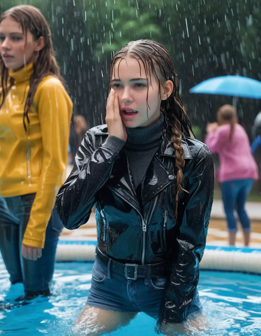 photo of young woman, in soaking wet, drenched clothes,
ankle boots , super skin tight denim jeans, slim fit black biker leatherjacket, tight grey knit turtleneck sweater, handbag , fifteen years old horny blonde teenage girl with her girlfriend holds her hand over her mouth and nose lies completely submerged in pool partly underwater up to the neck at party in a crowded waterpark, completely wet from the rain, open mouth, big eyes, 
enjoying, wet clothes stuck to body,
detailed textures of the wet clothes, wet face, wet plastered hair,
wet, drenched, professional, high-quality details, full body view.
sharp focus, ultra-high pixel detail, realistic, high-quality, full colors, incredibly detailed, 4k, 8k, 16k, hyper-realistic, RAW photo, masterpiece, ultra-detailed, professionally color graded, professional photograph, fifteen years old, completely soaked, completely dripping wet from head to toe, very wet clothes, sleek long straight hair, sleek pigtails, worried and embarrassed facial expression, slight yawn, moaning,  all girls wear different styles of clothes, take a handbag into the water, a lot of people stands in the background, close-up, view from above, highly realistic representation, ultra sharp focus, highly photorealistic detailed facial features and expressions, highly photorealistic hands, highly best quality, highly sharp photorealistic image, highly photorealistic details, highest photorealistic wet clothes, full UHD resolution, highest photorealistic sharpness of the image, 32 K