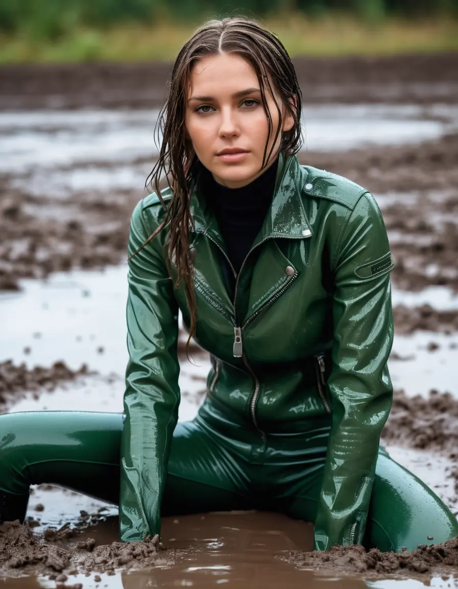 photo of young woman, in soaking wet, drenched clothes,
tight leather boots, skin green white leather jeans, slim fit green biker leather jacket, tight black latex turtleneck sweater,, lying in a mud puddle, covered in mud, 
enjoying, wet clothes stuck to body,
detailed textures of the wet clothes, wet face, wet plastered hair,
wet, drenched, professional, high-quality details, full body view.
sharp focus, ultra-high pixel detail, realistic, high-quality, full colors, incredibly detailed, 4k, 8k, 16k, hyper-realistic, RAW photo, masterpiece, ultra-detailed, professionally color graded, professional photograph, white woman, long dripping wet brown hair