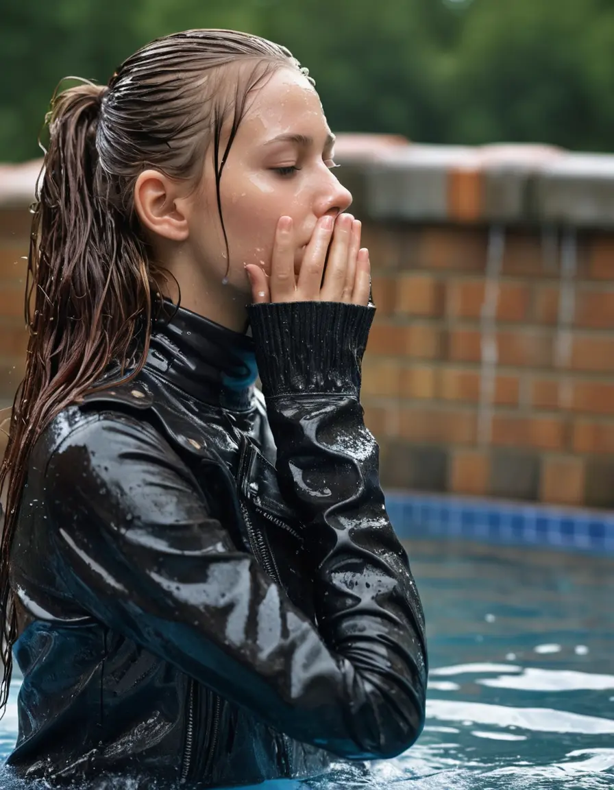 photo of young woman, in soaking wet, drenched clothes,
ankle boots, super skin tight denim jeans, slim fit black biker leatherjacket, tight grey knit turtleneck sweater, handbag , Eighteen years old horny blonde teenage girl with her friends holds her hand over her mouth and nose half submerged in a swimming pool, 
enjoying, wet clothes stuck to body,
detailed textures of the wet clothes, wet face, wet plastered hair,
wet, drenched, professional, high-quality details, full body view.
sharp focus, ultra-high pixel detail, realistic, high-quality, full colors, incredibly detailed, 4k, 8k, 16k, hyper-realistic, RAW photo, masterpiece, ultra-detailed, professionally color graded, professional photograph, Eighteen years old, completely soaked, completely dripping wet from head to toe, very wet clothes, sleek long straight hair, worried and embarrassed facial expression, slight yawn, moaning,  all girls wear different styles of clothes, she take a handbag with her into the water, a lot of people stands in the background, close-up, view from above, highly realistic representation, ultra sharp focus, highly photorealistic detailed facial features and expressions, highly photorealistic hands, highly best quality, highly sharp photorealistic image, highly photorealistic details, highest photorealistic wet clothes, full UHD resolution, highest photorealistic sharpness of the image, 32 K