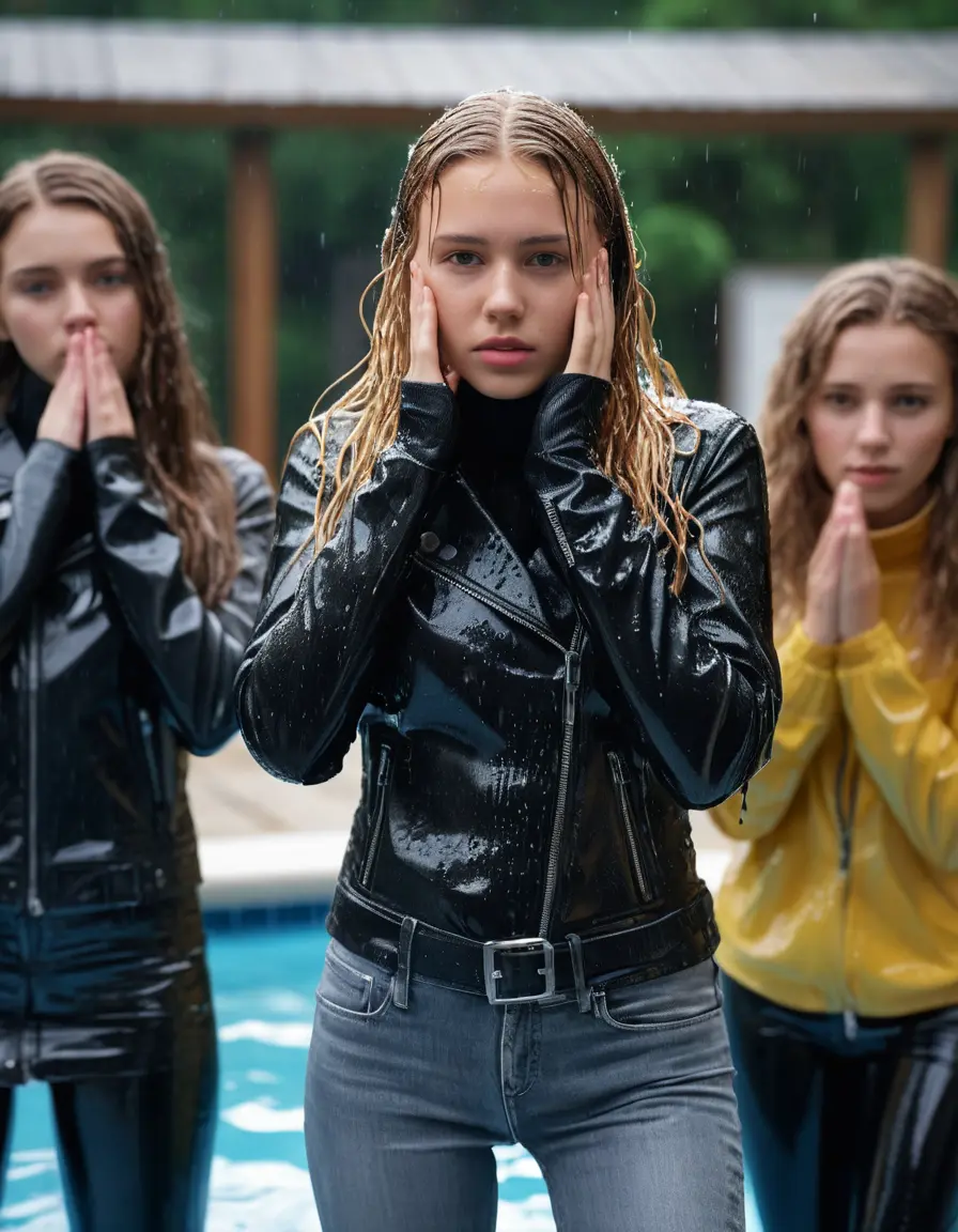 photo of young woman, in soaking wet, drenched clothes,
ankle boots, super skin tight denim jeans, slim fit black biker leatherjacket, tight grey knit turtleneck sweater, handbag , Eighteen years old horny blonde teenage girl with her friends holds her hand over her mouth and nose half submerged at the edge in a swimming pool, 
enjoying, wet clothes stuck to body,
detailed textures of the wet clothes, wet face, wet plastered hair,
wet, drenched, professional, high-quality details, full body view.
sharp focus, ultra-high pixel detail, realistic, high-quality, full colors, incredibly detailed, 4k, 8k, 16k, hyper-realistic, RAW photo, masterpiece, ultra-detailed, professionally color graded, professional photograph, Eighteen years old, completely soaked, completely dripping wet from head to toe, very wet clothes, sleek long straight hair, worried and embarrassed facial expression, slight yawn, moaning,  all girls wear different styles of clothes, she take a handbag with her into the water, a lot of people stands in the background, close-up, view from above, highly realistic representation, ultra sharp focus, highly photorealistic detailed facial features and expressions, highly photorealistic hands, highly best quality, highly sharp photorealistic image, highly photorealistic details, highest photorealistic wet clothes, full UHD resolution, highest photorealistic sharpness of the image, 32 K