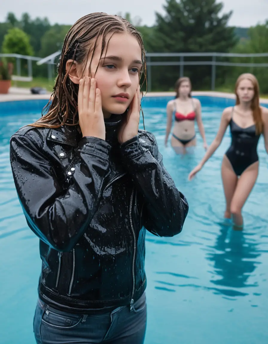 photo of young woman, in soaking wet, drenched clothes,
ankle boots, super skin tight denim jeans, slim fit black biker leatherjacket, tight grey knit turtleneck sweater, handbag , Eighteen years old horny blonde teenage girl with her friends holds her hand over her mouth and nose enter deep the water half submerged from the pool stairs at the edge of the swimming pool, 
enjoying, wet clothes stuck to body,
detailed textures of the wet clothes, wet face, wet plastered hair,
wet, drenched, professional, high-quality details, full body view.
sharp focus, ultra-high pixel detail, realistic, high-quality, full colors, incredibly detailed, 4k, 8k, 16k, hyper-realistic, RAW photo, masterpiece, ultra-detailed, professionally color graded, professional photograph, Eighteen years old, completely soaked, completely dripping wet from head to toe, very wet clothes, sleek long straight hair, worried and embarrassed facial expression, slight yawn, moaning,  all girls wear different styles of clothes, she take a handbag with her into the water, a lot of people stands in the background, close-up, view from above, highly realistic representation, ultra sharp focus, highly photorealistic detailed facial features and expressions, highly photorealistic hands, highly best quality, highly sharp photorealistic image, highly photorealistic details, highest photorealistic wet clothes, full UHD resolution, highest photorealistic sharpness of the image, 32 K