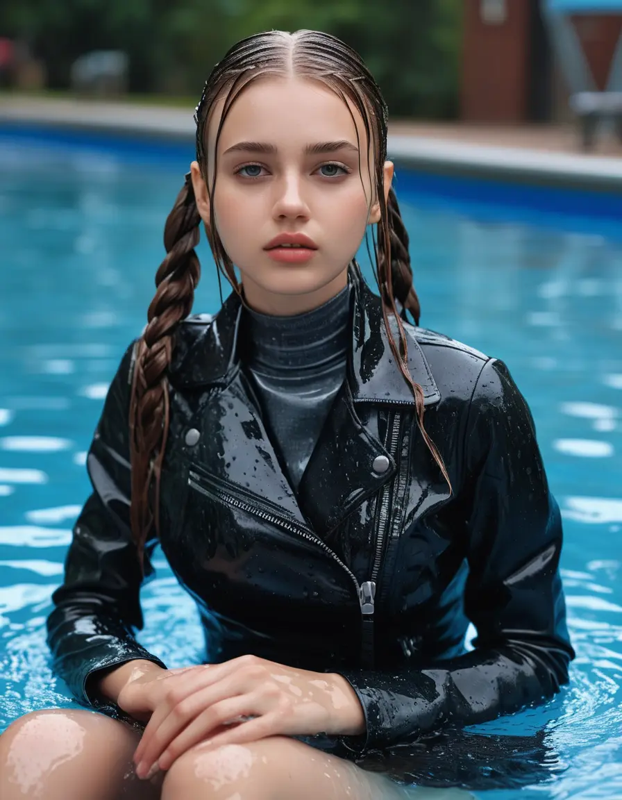 photo of young woman, in soaking wet, drenched clothes,
bare , super skin tight denim jeans, slim fit black biker leatherjacket, tight grey knit turtleneck sweater, handbag , fifteen years old horny blonde teenage girl with her girlfriend holds her hand over her mouth and nose lies completely submerged in pool partly underwater up to the neck at party in a crowded waterpark, completely wet from the rain, open mouth, big eyes, 
enjoying, wet clothes stuck to body,
detailed textures of the wet clothes, wet face, wet plastered hair,
wet, drenched, professional, high-quality details, full body view.
sharp focus, ultra-high pixel detail, realistic, high-quality, full colors, incredibly detailed, 4k, 8k, 16k, hyper-realistic, RAW photo, masterpiece, ultra-detailed, professionally color graded, professional photograph, fifteen years old, completely soaked, completely dripping wet from head to toe, very wet clothes, sleek long straight hair, sleek pigtails, worried and embarrassed facial expression, slight yawn, moaning,  all girls wear different styles of clothes, she take a handbag with her into the water, a lot of people stands in the background, close-up, view from above, highly realistic representation, ultra sharp focus, highly photorealistic detailed facial features and expressions, highly photorealistic hands, highly best quality, highly sharp photorealistic image, highly photorealistic details, highest photorealistic wet clothes, full UHD resolution, highest photorealistic sharpness of the image, 32 K