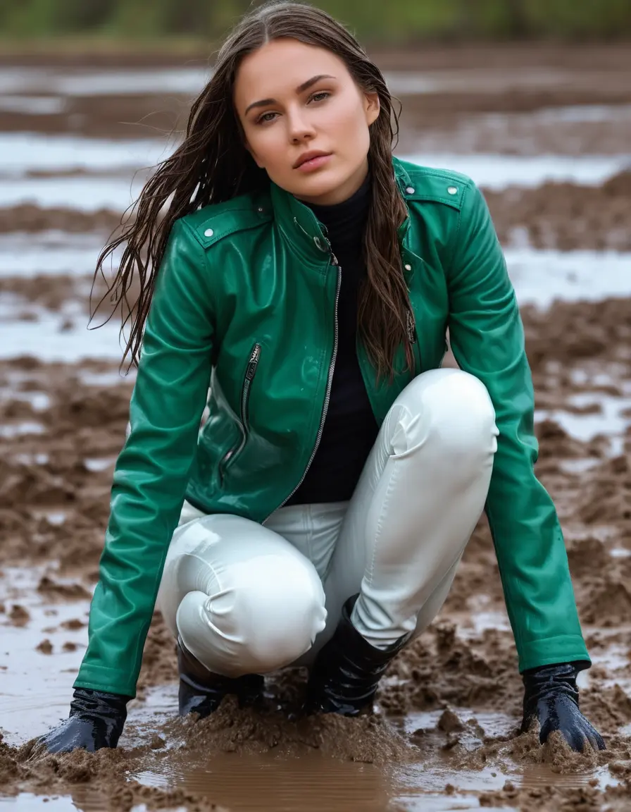photo of young woman, in soaking wet, drenched clothes,
tight leather boots, skin green white leather jeans, slim fit green biker leather jacket, tight black latex turtleneck sweater,, lying in a mud puddle, covered in mud, 
enjoying, wet clothes stuck to body,
detailed textures of the wet clothes, wet face, wet plastered hair,
wet, drenched, professional, high-quality details, full body view.
sharp focus, ultra-high pixel detail, realistic, high-quality, full colors, incredibly detailed, 4k, 8k, 16k, hyper-realistic, RAW photo, masterpiece, ultra-detailed, professionally color graded, professional photograph, white woman, long dripping wet brown hair