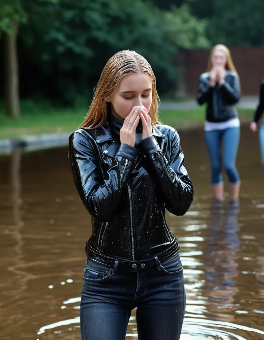 photo of young woman, in soaking wet, drenched clothes,
ankle boots, super skin tight denim jeans, slim fit black biker leatherjacket, tight grey knit turtleneck sweater, handbag , fifteen years old horny blonde teenage girl with her friends holds her hand over her mouth and nose get out of the pool, spotlight, 
enjoying, wet clothes stuck to body,
detailed textures of the wet clothes, wet face, wet plastered hair,
wet, drenched, professional, high-quality details, full body view.
sharp focus, ultra-high pixel detail, realistic, high-quality, full colors, incredibly detailed, 4k, 8k, 16k, hyper-realistic, RAW photo, masterpiece, ultra-detailed, professionally color graded, professional photograph, fifteen years old, completely soaked, completely dripping wet from head to toe, very wet clothes, sleek long straight hair, worried and embarrassed facial expression, slight yawn, moaning,  all girls wear different styles of clothes, she take a handbag with her into the water, a lot of people stands in the background, close-up, view from above, highly realistic representation, ultra sharp focus, highly photorealistic detailed facial features and expressions, highly photorealistic hands, highly best quality, highly sharp photorealistic image, highly photorealistic details, highest photorealistic wet clothes, full UHD resolution, highest photorealistic sharpness of the image, 32 K