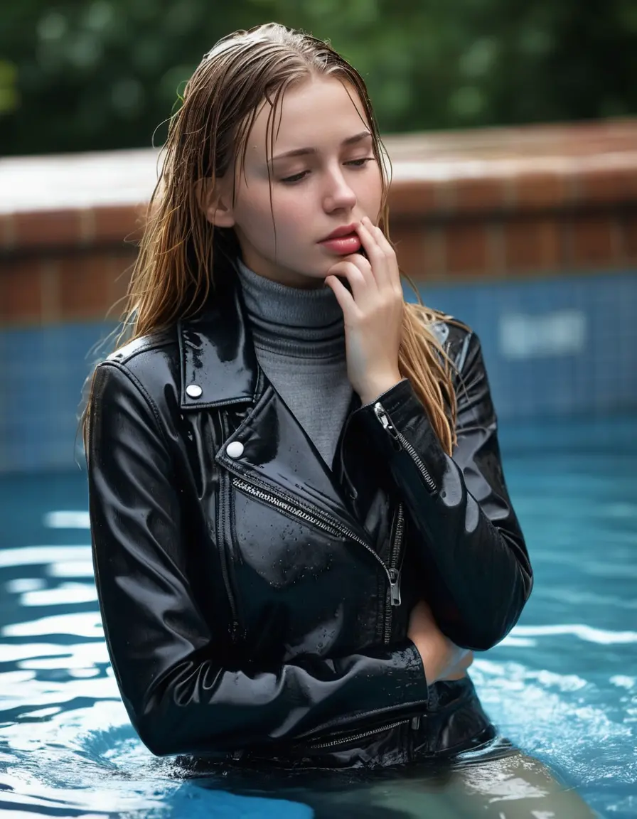 photo of young woman, in soaking wet, drenched clothes,
ankle boots, super skin tight denim jeans, slim fit black biker leatherjacket, tight grey knit turtleneck sweater, handbag , Eighteen years old horny blonde teenage girl with her friends holds her hand over her mouth and nose half submerged in a swimming pool, 
enjoying, wet clothes stuck to body,
detailed textures of the wet clothes, wet face, wet plastered hair,
wet, drenched, professional, high-quality details, full body view.
sharp focus, ultra-high pixel detail, realistic, high-quality, full colors, incredibly detailed, 4k, 8k, 16k, hyper-realistic, RAW photo, masterpiece, ultra-detailed, professionally color graded, professional photograph, Eighteen years old, completely soaked, completely dripping wet from head to toe, very wet clothes, sleek long straight hair, worried and embarrassed facial expression, slight yawn, moaning,  all girls wear different styles of clothes, she take a handbag with her into the water, a lot of people stands in the background, close-up, view from above, highly realistic representation, ultra sharp focus, highly photorealistic detailed facial features and expressions, highly photorealistic hands, highly best quality, highly sharp photorealistic image, highly photorealistic details, highest photorealistic wet clothes, full UHD resolution, highest photorealistic sharpness of the image, 32 K