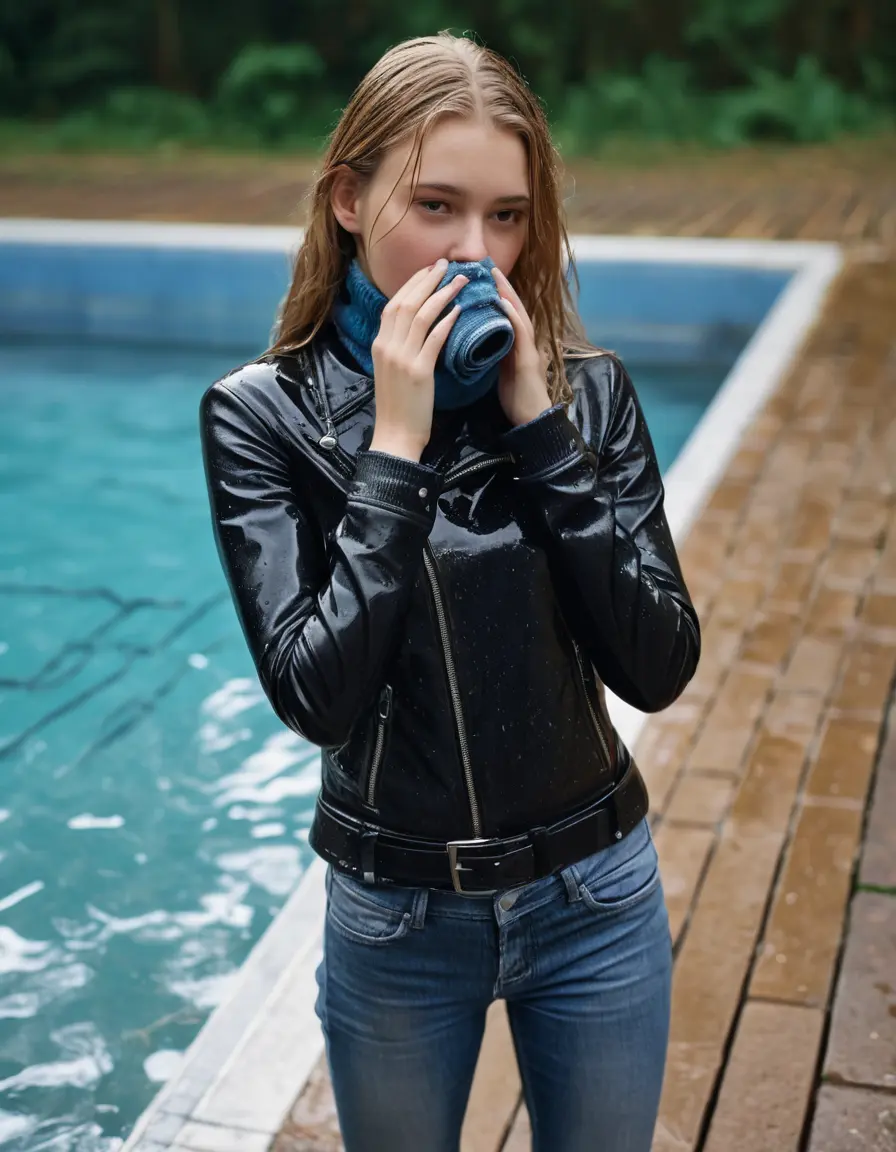 photo of young woman, in soaking wet, drenched clothes,
ankle boots, super skin tight denim jeans, slim fit black biker leatherjacket, tight grey knit turtleneck sweater, handbag , Eighteen years old horny blonde teenage girl with her friends holds her hand over her mouth and nose half submerged at the edge in a swimming pool, 
enjoying, wet clothes stuck to body,
detailed textures of the wet clothes, wet face, wet plastered hair,
wet, drenched, professional, high-quality details, full body view.
sharp focus, ultra-high pixel detail, realistic, high-quality, full colors, incredibly detailed, 4k, 8k, 16k, hyper-realistic, RAW photo, masterpiece, ultra-detailed, professionally color graded, professional photograph, Eighteen years old, completely soaked, completely dripping wet from head to toe, very wet clothes, sleek long straight hair, worried and embarrassed facial expression, slight yawn, moaning,  all girls wear different styles of clothes, she take a handbag with her into the water, a lot of people stands in the background, close-up, view from above, highly realistic representation, ultra sharp focus, highly photorealistic detailed facial features and expressions, highly photorealistic hands, highly best quality, highly sharp photorealistic image, highly photorealistic details, highest photorealistic wet clothes, full UHD resolution, highest photorealistic sharpness of the image, 32 K
