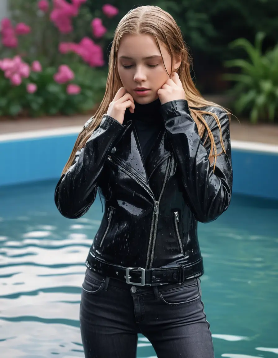 photo of young woman, in soaking wet, drenched clothes,
ankle boots, super skin tight denim jeans, slim fit black biker leatherjacket, tight grey knit turtleneck sweater, handbag , Eighteen years old horny blonde teenage girl with her friends holds her hand over her mouth and nose falls into the water half submerged from the edge of the swimming pool, 
enjoying, wet clothes stuck to body,
detailed textures of the wet clothes, wet face, wet plastered hair,
wet, drenched, professional, high-quality details, full body view.
sharp focus, ultra-high pixel detail, realistic, high-quality, full colors, incredibly detailed, 4k, 8k, 16k, hyper-realistic, RAW photo, masterpiece, ultra-detailed, professionally color graded, professional photograph, Eighteen years old, completely soaked, completely dripping wet from head to toe, very wet clothes, sleek long straight hair, worried and embarrassed facial expression, slight yawn, moaning,  all girls wear different styles of clothes, she take a handbag with her into the water, a lot of people stands in the background, close-up, view from above, highly realistic representation, ultra sharp focus, highly photorealistic detailed facial features and expressions, highly photorealistic hands, highly best quality, highly sharp photorealistic image, highly photorealistic details, highest photorealistic wet clothes, full UHD resolution, highest photorealistic sharpness of the image, 32 K