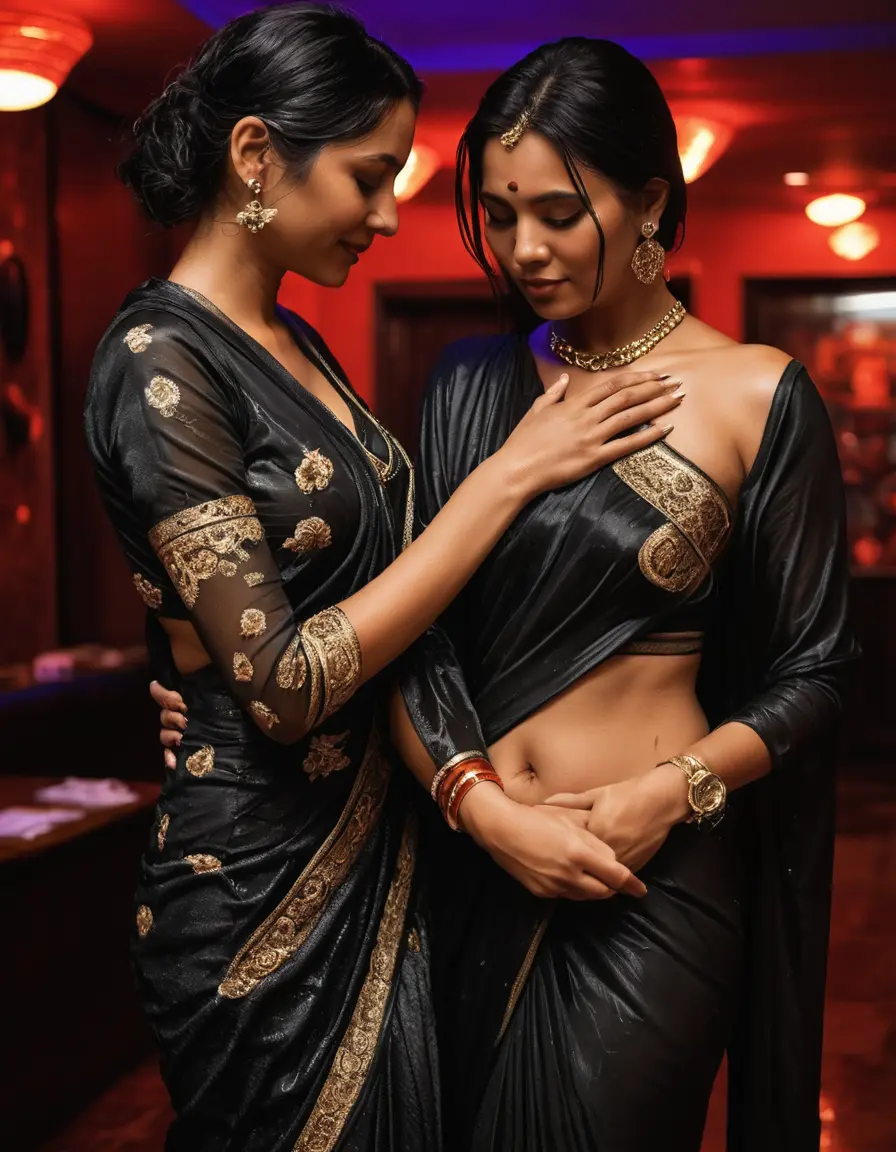 photo of young woman, in soaking wet, drenched clothes,
Stilletto heels, Silk pants, Embroidery,  long black Saree skin tight , Strip club, hugging another women , 
enjoying, wet clothes stuck to body,
detailed textures of the wet clothes, wet face, wet plastered hair,
wet, drenched, professional, high-quality details, full body view.
sharp focus, ultra-high pixel detail, realistic, high-quality, full colors, incredibly detailed, 4k, 8k, 16k, hyper-realistic, RAW photo, masterpiece, ultra-detailed, professionally color graded, professional photograph, Straight open  wavy hairstyle , , pear shaped body,  wrist watch, thin necklace 