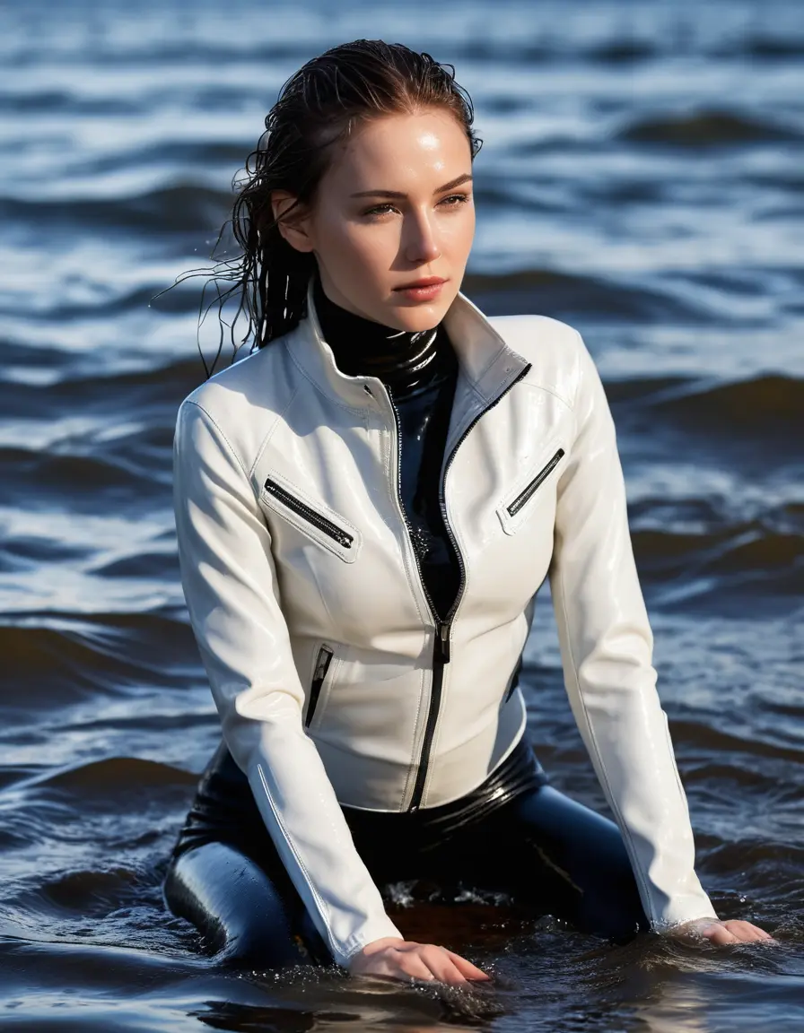 photo of young woman, in soaking wet, drenched clothes,
tight leather boots, skin tight white leather jeans, slim fit white biker leather jacket, tight black latex turtleneck sweater,, Swimming in sea, 
enjoying, wet clothes stuck to body,
detailed textures of the wet clothes, wet face, wet plastered hair,
wet, drenched, professional, high-quality details, full body view.
sharp focus, ultra-high pixel detail, realistic, high-quality, full colors, incredibly detailed, 4k, 8k, 16k, hyper-realistic, RAW photo, masterpiece, ultra-detailed, professionally color graded, professional photograph, white woman, long dripping wet brown hair