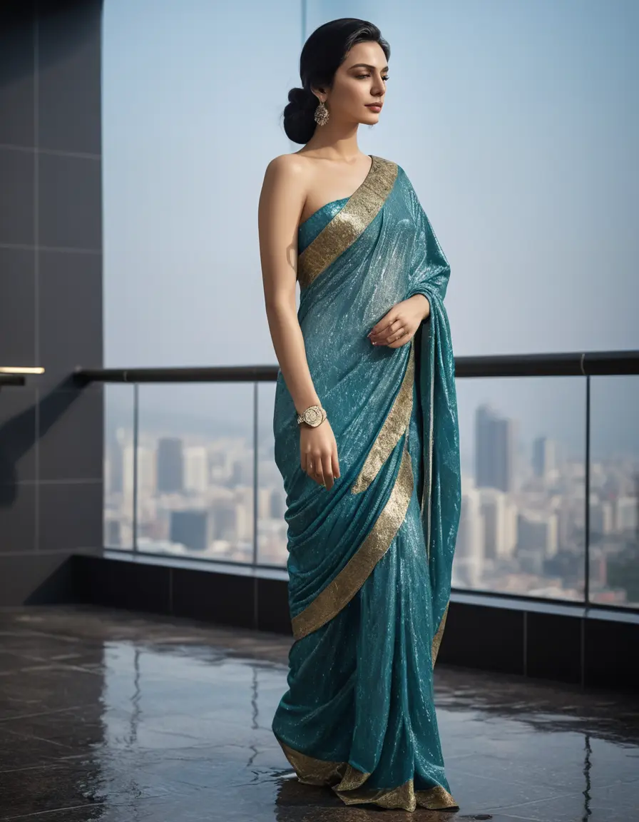 photo of young woman, in soaking wet, drenched clothes,
Stilletto heels, Saree,    Saree skin tight , Luxury pent house, women , 
enjoying, wet clothes stuck to body,
detailed textures of the wet clothes, wet face, wet plastered hair,
wet, drenched, professional, high-quality details, full body view.
sharp focus, ultra-high pixel detail, realistic, high-quality, full colors, incredibly detailed, 4k, 8k, 16k, hyper-realistic, RAW photo, masterpiece, ultra-detailed, professionally color graded, professional photograph, Straight open  wavy hairstyle , ,  wrist watch, 