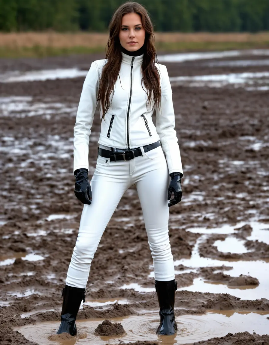 photo of young woman, in soaking wet, drenched clothes,
tight leather boots, skin tight white leather jeans, slim fit white biker leather jacket, tight black latex turtleneck sweater,, Standing in a mud puddle with mud face, 
enjoying, wet clothes stuck to body,
detailed textures of the wet clothes, wet face, wet plastered hair,
wet, drenched, professional, high-quality details, full body view.
sharp focus, ultra-high pixel detail, realistic, high-quality, full colors, incredibly detailed, 4k, 8k, 16k, hyper-realistic, RAW photo, masterpiece, ultra-detailed, professionally color graded, professional photograph, white woman, long dripping wet brown hair
