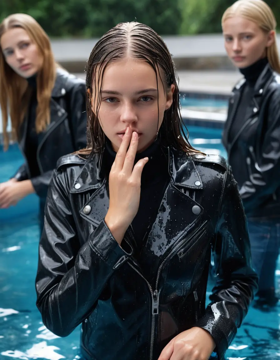 photo of young woman, in soaking wet, drenched clothes,
ankle boots, super skin tight denim jeans, slim fit black biker leatherjacket, tight grey knit turtleneck sweater, handbag , fifteen years old horny blonde teenage girl with her friends holds her hand over her mouth and nose get out of the pool, spotlight, 
enjoying, wet clothes stuck to body,
detailed textures of the wet clothes, wet face, wet plastered hair,
wet, drenched, professional, high-quality details, full body view.
sharp focus, ultra-high pixel detail, realistic, high-quality, full colors, incredibly detailed, 4k, 8k, 16k, hyper-realistic, RAW photo, masterpiece, ultra-detailed, professionally color graded, professional photograph, fifteen years old, completely soaked, completely dripping wet from head to toe, very wet clothes, sleek long straight hair, worried and embarrassed facial expression, slight yawn, moaning,  all girls wear different styles of clothes, she take a handbag with her into the water, a lot of people stands in the background, close-up, view from above, highly realistic representation, ultra sharp focus, highly photorealistic detailed facial features and expressions, highly photorealistic hands, highly best quality, highly sharp photorealistic image, highly photorealistic details, highest photorealistic wet clothes, full UHD resolution, highest photorealistic sharpness of the image, 32 K