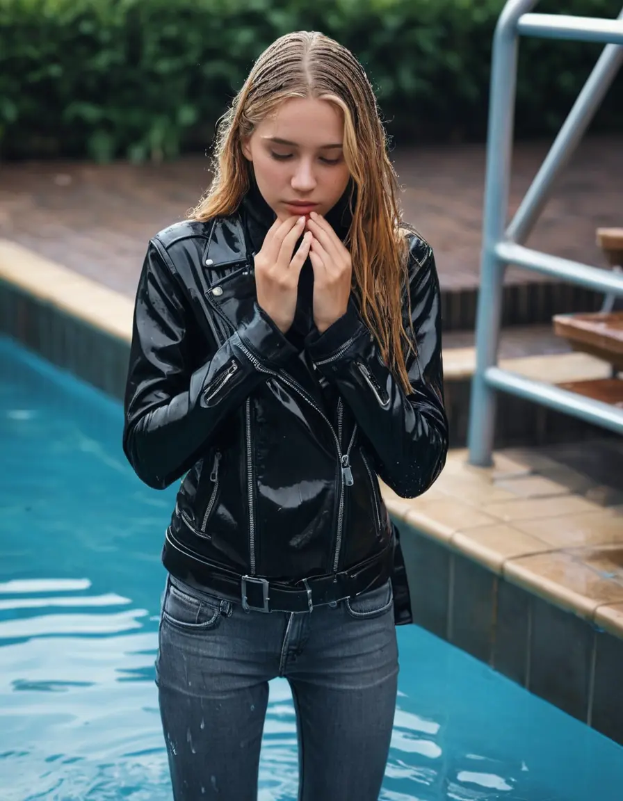photo of young woman, in soaking wet, drenched clothes,
ankle boots, super skin tight denim jeans, slim fit black biker leatherjacket, tight grey knit turtleneck sweater, handbag , Eighteen years old horny blonde teenage girl with her friends holds her hand over her mouth and nose enter deep the water half submerged from the pool stairs at the edge of the swimming pool, 
enjoying, wet clothes stuck to body,
detailed textures of the wet clothes, wet face, wet plastered hair,
wet, drenched, professional, high-quality details, full body view.
sharp focus, ultra-high pixel detail, realistic, high-quality, full colors, incredibly detailed, 4k, 8k, 16k, hyper-realistic, RAW photo, masterpiece, ultra-detailed, professionally color graded, professional photograph, Eighteen years old, completely soaked, completely dripping wet from head to toe, very wet clothes, sleek long straight hair, worried and embarrassed facial expression, slight yawn, moaning,  all girls wear different styles of clothes, she take a handbag with her into the water, a lot of people stands in the background, close-up, view from above, highly realistic representation, ultra sharp focus, highly photorealistic detailed facial features and expressions, highly photorealistic hands, highly best quality, highly sharp photorealistic image, highly photorealistic details, highest photorealistic wet clothes, full UHD resolution, highest photorealistic sharpness of the image, 32 K