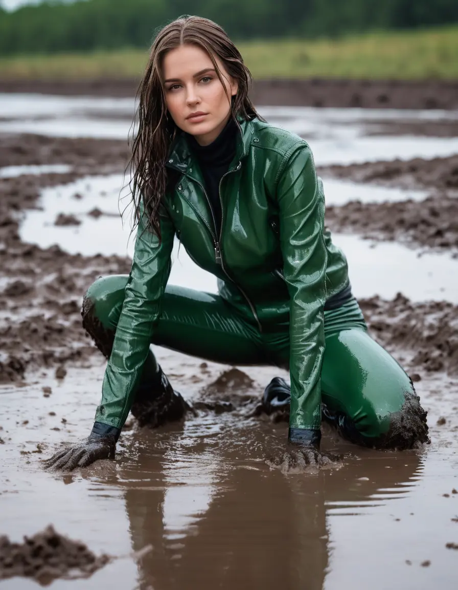 photo of young woman, in soaking wet, drenched clothes,
tight leather boots, skin green white leather jeans, slim fit green biker leather jacket, tight black latex turtleneck sweater,, lying in a mud puddle, covered in mud, 
enjoying, wet clothes stuck to body,
detailed textures of the wet clothes, wet face, wet plastered hair,
wet, drenched, professional, high-quality details, full body view.
sharp focus, ultra-high pixel detail, realistic, high-quality, full colors, incredibly detailed, 4k, 8k, 16k, hyper-realistic, RAW photo, masterpiece, ultra-detailed, professionally color graded, professional photograph, white woman, long dripping wet brown hair
