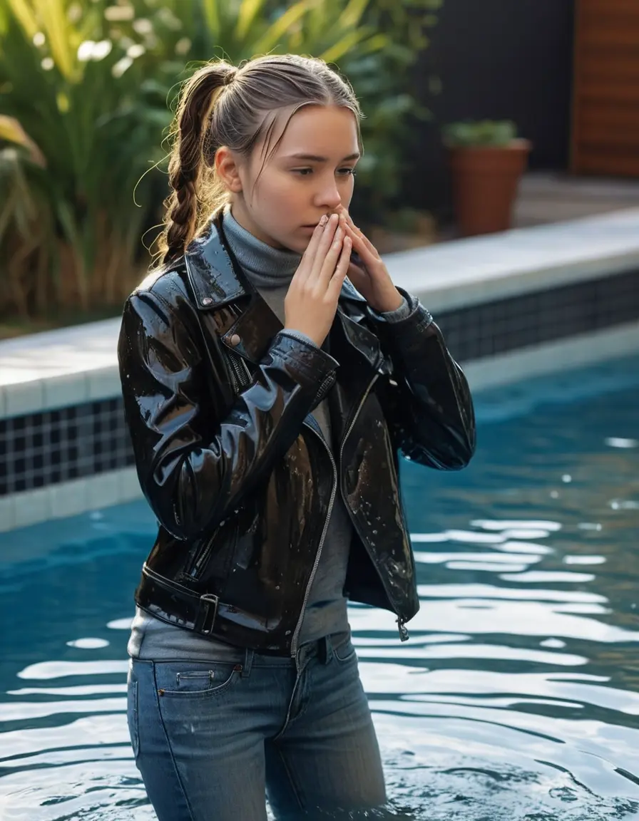 photo of young woman, in soaking wet, drenched clothes,
ankle boots, super skin tight denim jeans, slim fit black biker leatherjacket, tight grey knit turtleneck sweater, handbag , fifteen years old horny blonde teenage girl with her friends holds her hand over her mouth and nose get out of the pool, spotlight, 
enjoying, wet clothes stuck to body,
detailed textures of the wet clothes, wet face, wet plastered hair,
wet, drenched, professional, high-quality details, full body view.
sharp focus, ultra-high pixel detail, realistic, high-quality, full colors, incredibly detailed, 4k, 8k, 16k, hyper-realistic, RAW photo, masterpiece, ultra-detailed, professionally color graded, professional photograph, fifteen years old, completely soaked, completely dripping wet from head to toe, very wet clothes, sleek long straight hair, sleek pigtails, worried and embarrassed facial expression, slight yawn, moaning,  all girls wear different styles of clothes, she take a handbag with her into the water, a lot of people stands in the background, close-up, view from above, highly realistic representation, ultra sharp focus, highly photorealistic detailed facial features and expressions, highly photorealistic hands, highly best quality, highly sharp photorealistic image, highly photorealistic details, highest photorealistic wet clothes, full UHD resolution, highest photorealistic sharpness of the image, 32 K