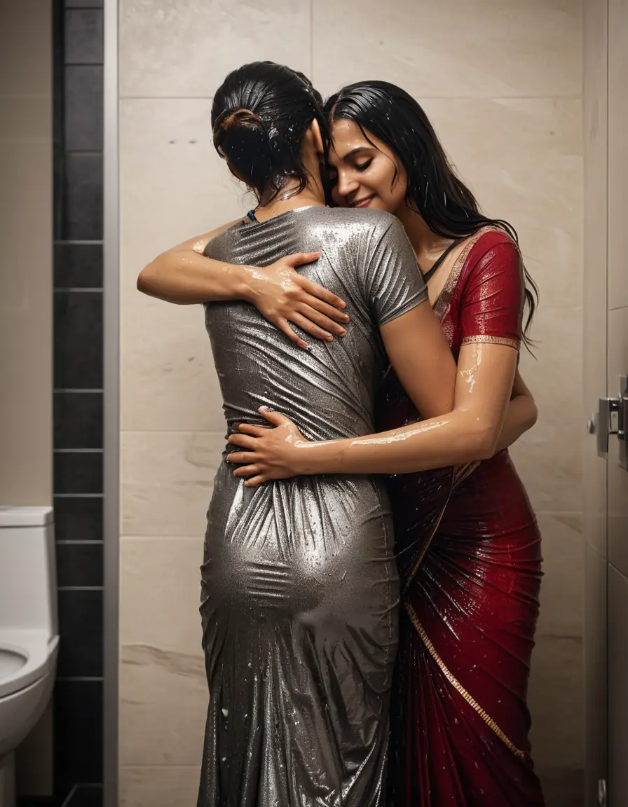 photo of young woman, in soaking wet, drenched clothes,
Stilletto heels, ,    Saree skin tight , Strip bathroom, hugging another women , 
enjoying, wet clothes stuck to body,
detailed textures of the wet clothes, wet face, wet plastered hair,
wet, drenched, professional, high-quality details, full body view.
sharp focus, ultra-high pixel detail, realistic, high-quality, full colors, incredibly detailed, 4k, 8k, 16k, hyper-realistic, RAW photo, masterpiece, ultra-detailed, professionally color graded, professional photograph, Straight open  wavy hairstyle , ,  wrist watch, 
