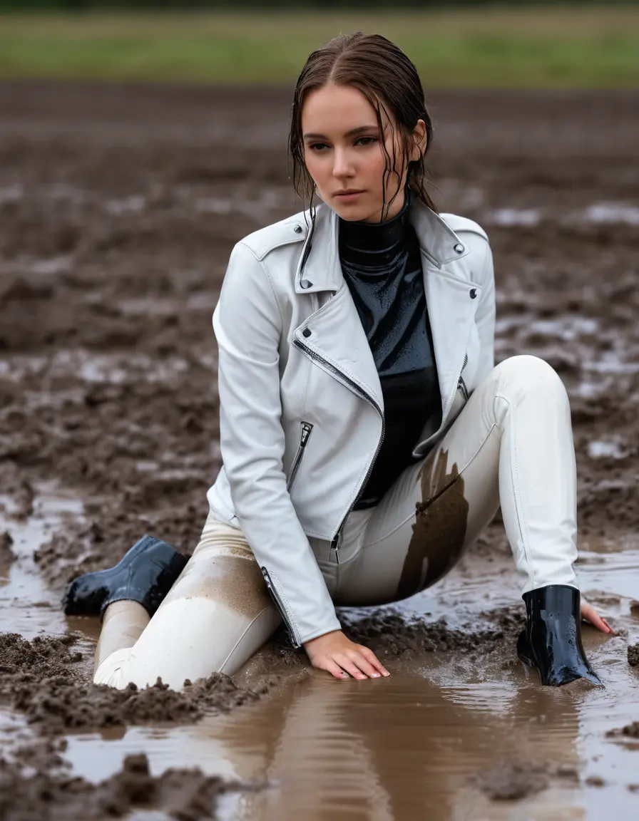 photo of young woman, in soaking wet, drenched clothes,
tight leather boots, skin tight white leather jeans, slim fit white biker leather jacket, tight black latex turtleneck sweater,, lying in a mud puddle, covered in mud, 
enjoying, wet clothes stuck to body,
detailed textures of the wet clothes, wet face, wet plastered hair,
wet, drenched, professional, high-quality details, full body view.
sharp focus, ultra-high pixel detail, realistic, high-quality, full colors, incredibly detailed, 4k, 8k, 16k, hyper-realistic, RAW photo, masterpiece, ultra-detailed, professionally color graded, professional photograph, white woman, long dripping wet brown hair