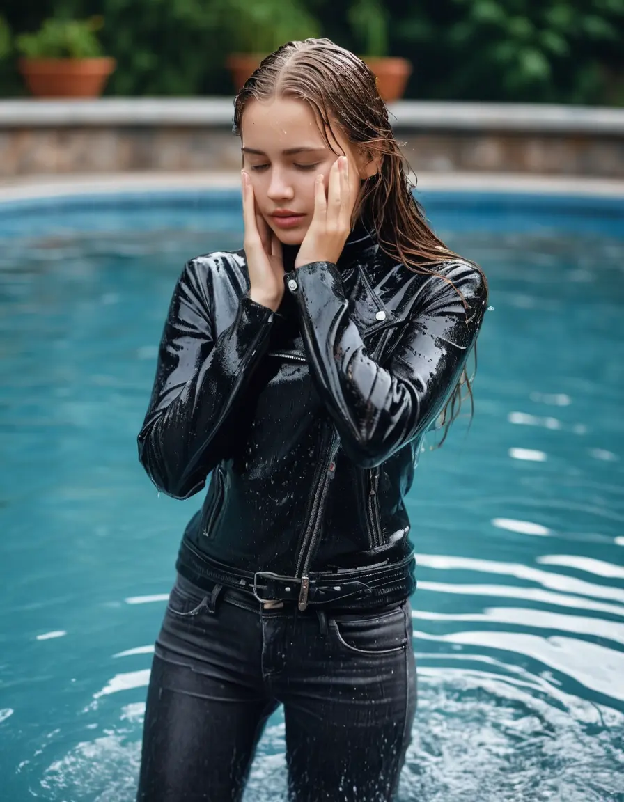 photo of young woman, in soaking wet, drenched clothes,
ankle boots, super skin tight denim jeans, slim fit black biker leatherjacket, tight grey knit turtleneck sweater, handbag , Eighteen years old horny blonde teenage girl with her friends holds her hand over her mouth and nose falls into the water half submerged from the edge of the swimming pool, 
enjoying, wet clothes stuck to body,
detailed textures of the wet clothes, wet face, wet plastered hair,
wet, drenched, professional, high-quality details, full body view.
sharp focus, ultra-high pixel detail, realistic, high-quality, full colors, incredibly detailed, 4k, 8k, 16k, hyper-realistic, RAW photo, masterpiece, ultra-detailed, professionally color graded, professional photograph, Eighteen years old, completely soaked, completely dripping wet from head to toe, very wet clothes, sleek long straight hair, worried and embarrassed facial expression, slight yawn, moaning,  all girls wear different styles of clothes, she take a handbag with her into the water, a lot of people stands in the background, close-up, view from above, highly realistic representation, ultra sharp focus, highly photorealistic detailed facial features and expressions, highly photorealistic hands, highly best quality, highly sharp photorealistic image, highly photorealistic details, highest photorealistic wet clothes, full UHD resolution, highest photorealistic sharpness of the image, 32 K