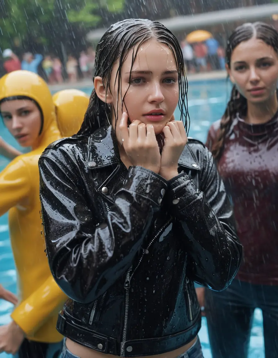 photo of young woman, in soaking wet, drenched clothes,
bare , super skin tight denim jeans, slim fit black biker leatherjacket, tight grey knit turtleneck sweater, handbag , fifteen years old horny blonde teenage girl with her girlfriend holds her hand over her mouth and nose lies completely submerged in pool partly underwater up to the neck at party in a crowded waterpark, completely wet from the rain, open mouth, big eyes, 
enjoying, wet clothes stuck to body,
detailed textures of the wet clothes, wet face, wet plastered hair,
wet, drenched, professional, high-quality details, full body view.
sharp focus, ultra-high pixel detail, realistic, high-quality, full colors, incredibly detailed, 4k, 8k, 16k, hyper-realistic, RAW photo, masterpiece, ultra-detailed, professionally color graded, professional photograph, fifteen years old, completely soaked, completely dripping wet from head to toe, very wet clothes, sleek long straight hair, sleek pigtails, worried and embarrassed facial expression, slight yawn, moaning,  all girls wear different styles of clothes, she take a handbag with her into the water, a lot of people stands in the background, close-up, view from above, highly realistic representation, ultra sharp focus, highly photorealistic detailed facial features and expressions, highly photorealistic hands, highly best quality, highly sharp photorealistic image, highly photorealistic details, highest photorealistic wet clothes, full UHD resolution, highest photorealistic sharpness of the image, 32 K