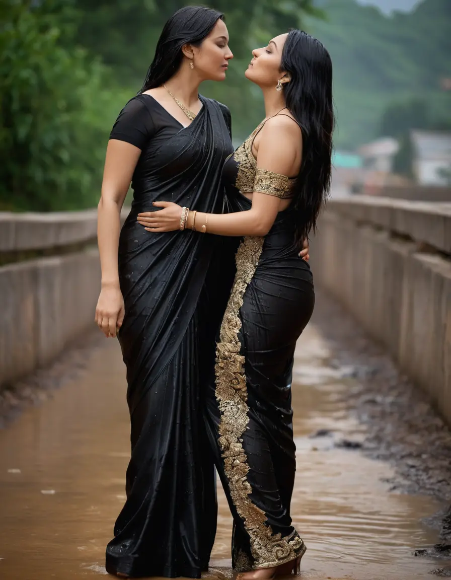 photo of young woman, in soaking wet, drenched clothes,
Stilletto heels, Silk pants, Embroidery,  long black Saree skin tight , Pub , kissing another women , 
enjoying, wet clothes stuck to body,
detailed textures of the wet clothes, wet face, wet plastered hair,
wet, drenched, professional, high-quality details, full body view.
sharp focus, ultra-high pixel detail, realistic, high-quality, full colors, incredibly detailed, 4k, 8k, 16k, hyper-realistic, RAW photo, masterpiece, ultra-detailed, professionally color graded, professional photograph, Straight open  wavy hairstyle , , pear shaped body,  wrist watch, thin necklace t ,  , no make up, 