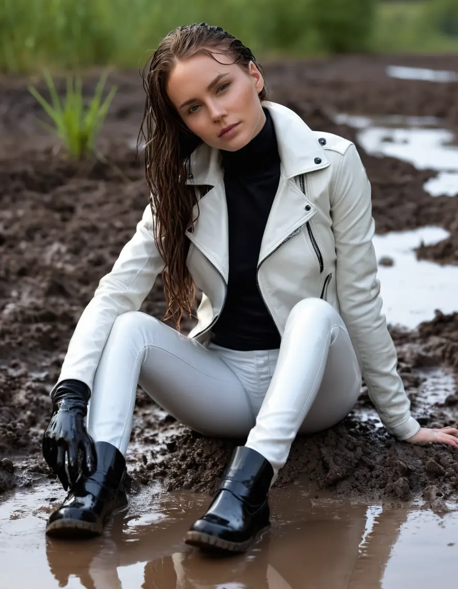 photo of young woman, in soaking wet, drenched clothes,
tight leather boots, skin tight white leather jeans, slim fit white biker leather jacket, tight black latex turtleneck sweater,, lying in a mud puddle, covered in mud, 
enjoying, wet clothes stuck to body,
detailed textures of the wet clothes, wet face, wet plastered hair,
wet, drenched, professional, high-quality details, full body view.
sharp focus, ultra-high pixel detail, realistic, high-quality, full colors, incredibly detailed, 4k, 8k, 16k, hyper-realistic, RAW photo, masterpiece, ultra-detailed, professionally color graded, professional photograph, white woman, long dripping wet brown hair