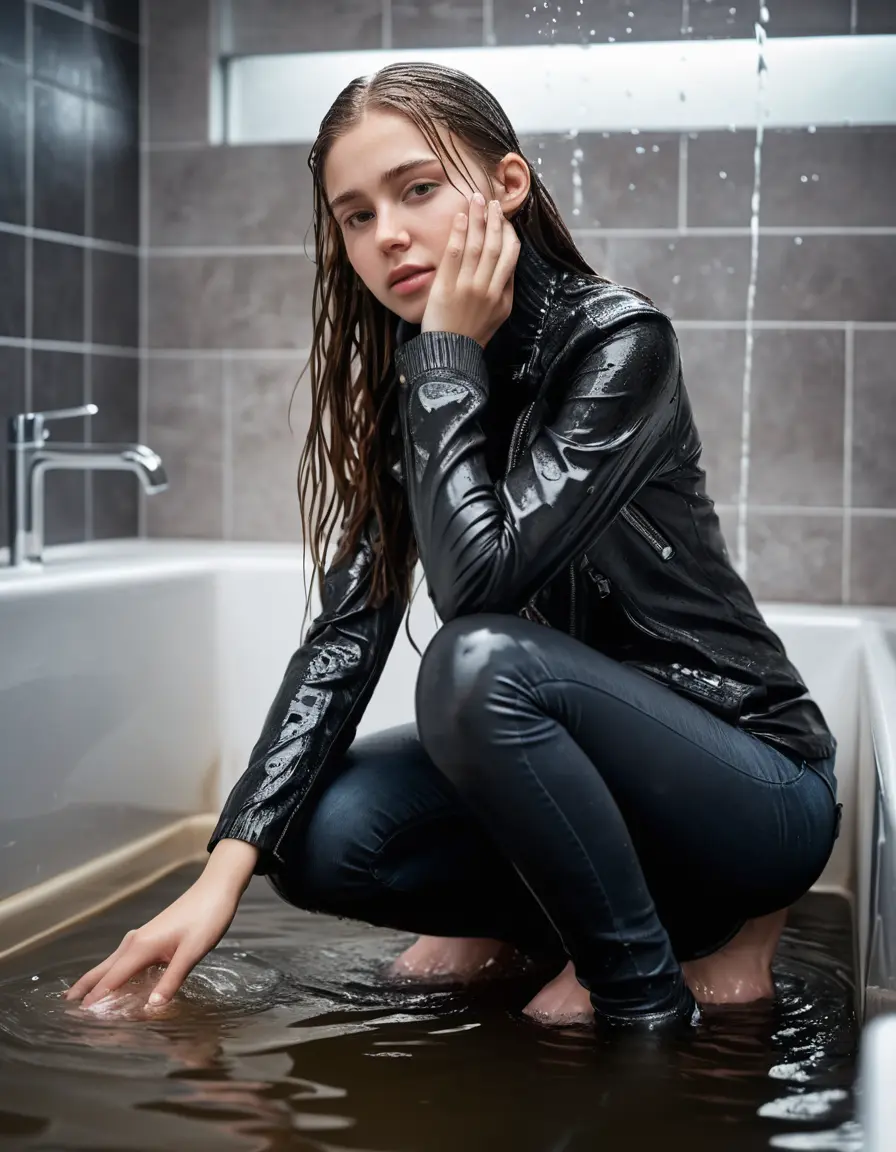 photo of young woman, in soaking wet, drenched clothes,
ankle boots, super skin tight denim jeans, slim fit black biker leatherjacket, tight grey knit turtleneck sweater, handbag , Fifteen years old fearful brunette teenage girl holds her whole hand over her mouth and nose completely soaked and dripping wet caught by her parents lying submerged to the neck in water in the bathtube in her modern bathroom,  open mouth, big wide eyes, 
enjoying, wet clothes stuck to body,
detailed textures of the wet clothes, wet face, wet plastered hair,
wet, drenched, professional, high-quality details, full body view.
sharp focus, ultra-high pixel detail, realistic, high-quality, full colors, incredibly detailed, 4k, 8k, 16k, hyper-realistic, RAW photo, masterpiece, ultra-detailed, professionally color graded, professional photograph, fifteen years old, completely soaked, completely dripping wet from head to toe, very wet clothes, sleek long straight hair, sleek pigtails, worried and embarrassed facial expression, slight yawn, moaning,  all girls wear different styles of clothes, she take a handbag with her into the water, a lot of people stands in the background, close-up, view from above, highly realistic representation, ultra sharp focus, highly photorealistic detailed facial features and expressions, highly photorealistic hands, highly best quality, highly sharp photorealistic image, highly photorealistic details, highest photorealistic wet clothes, full UHD resolution, highest photorealistic sharpness of the image, 32 K