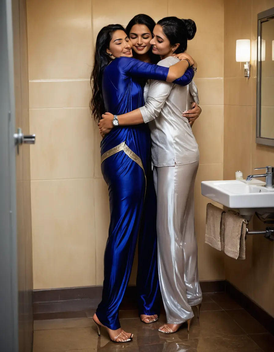 photo of young woman, in soaking wet, drenched clothes,
Stilletto heels, Silk pants,    Saree skin tight , Strip bathroom, hugging another women , 
enjoying, wet clothes stuck to body,
detailed textures of the wet clothes, wet face, wet plastered hair,
wet, drenched, professional, high-quality details, full body view.
sharp focus, ultra-high pixel detail, realistic, high-quality, full colors, incredibly detailed, 4k, 8k, 16k, hyper-realistic, RAW photo, masterpiece, ultra-detailed, professionally color graded, professional photograph, Straight open  wavy hairstyle , ,  wrist watch, 